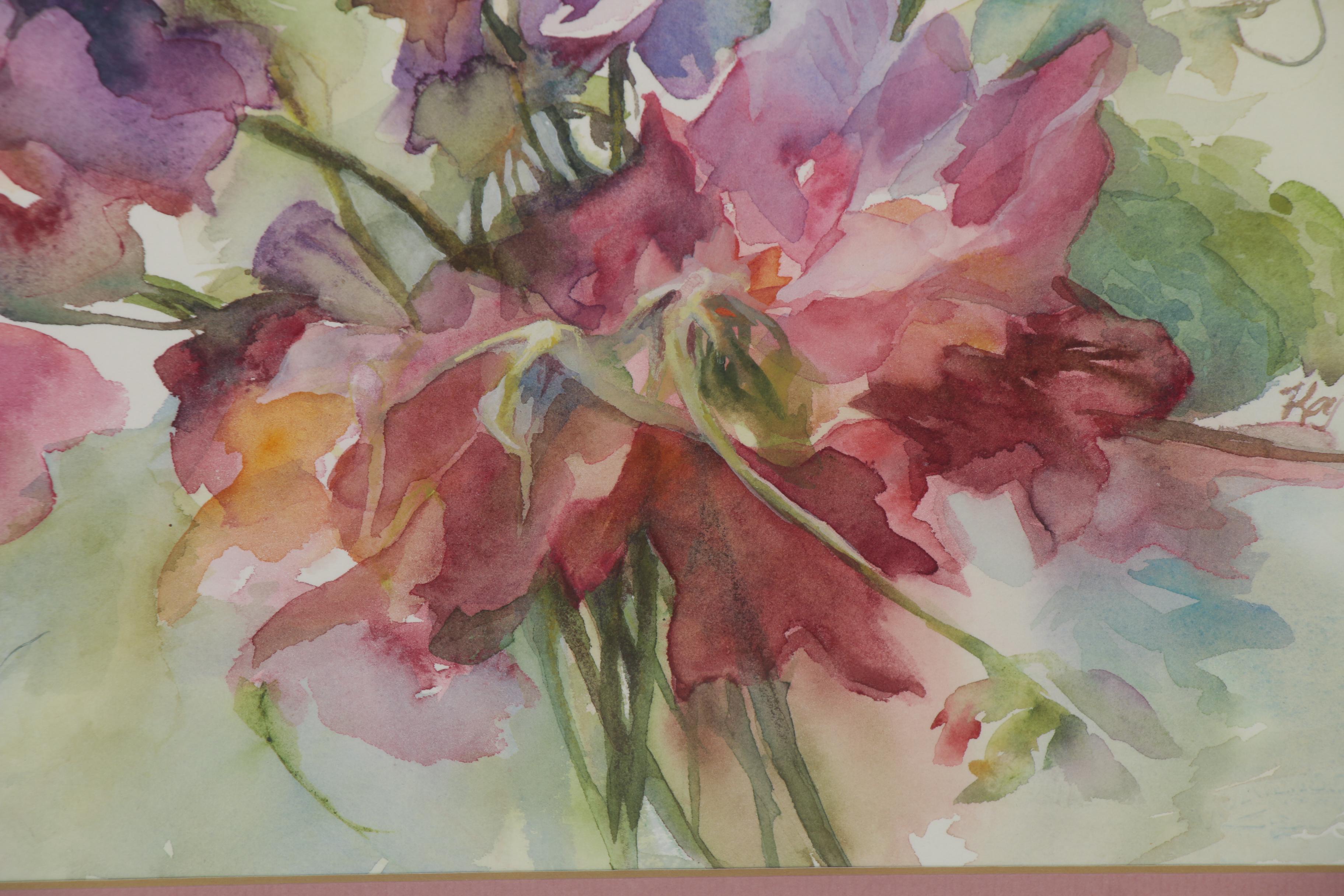 Kay Lewis Watercolor Painting of Floral Bouquet