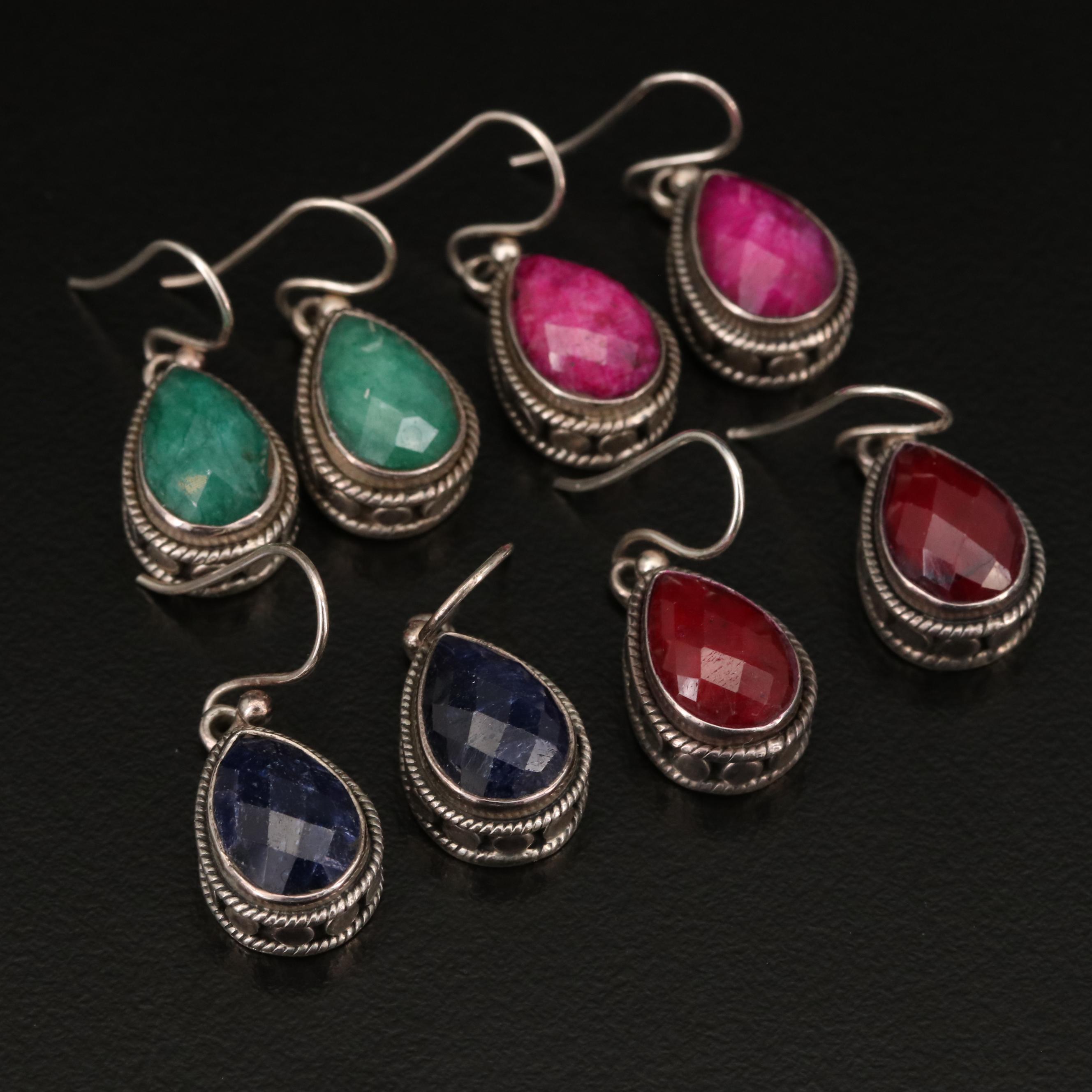 Sterling Silver Drop Earrings Featuring Lapis Lazuli, Beryl and Rubies