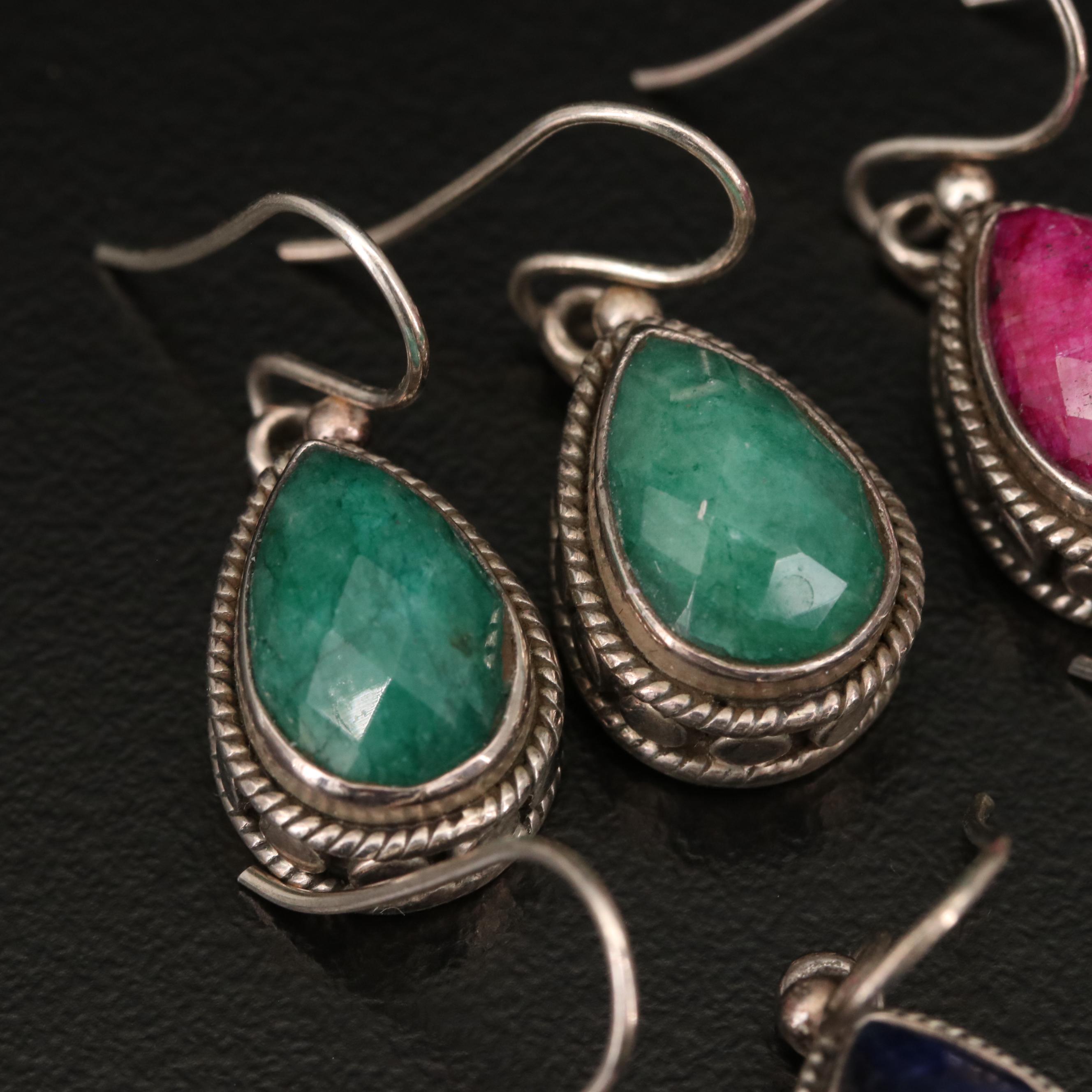 Sterling Silver Drop Earrings Featuring Lapis Lazuli, Beryl and Rubies