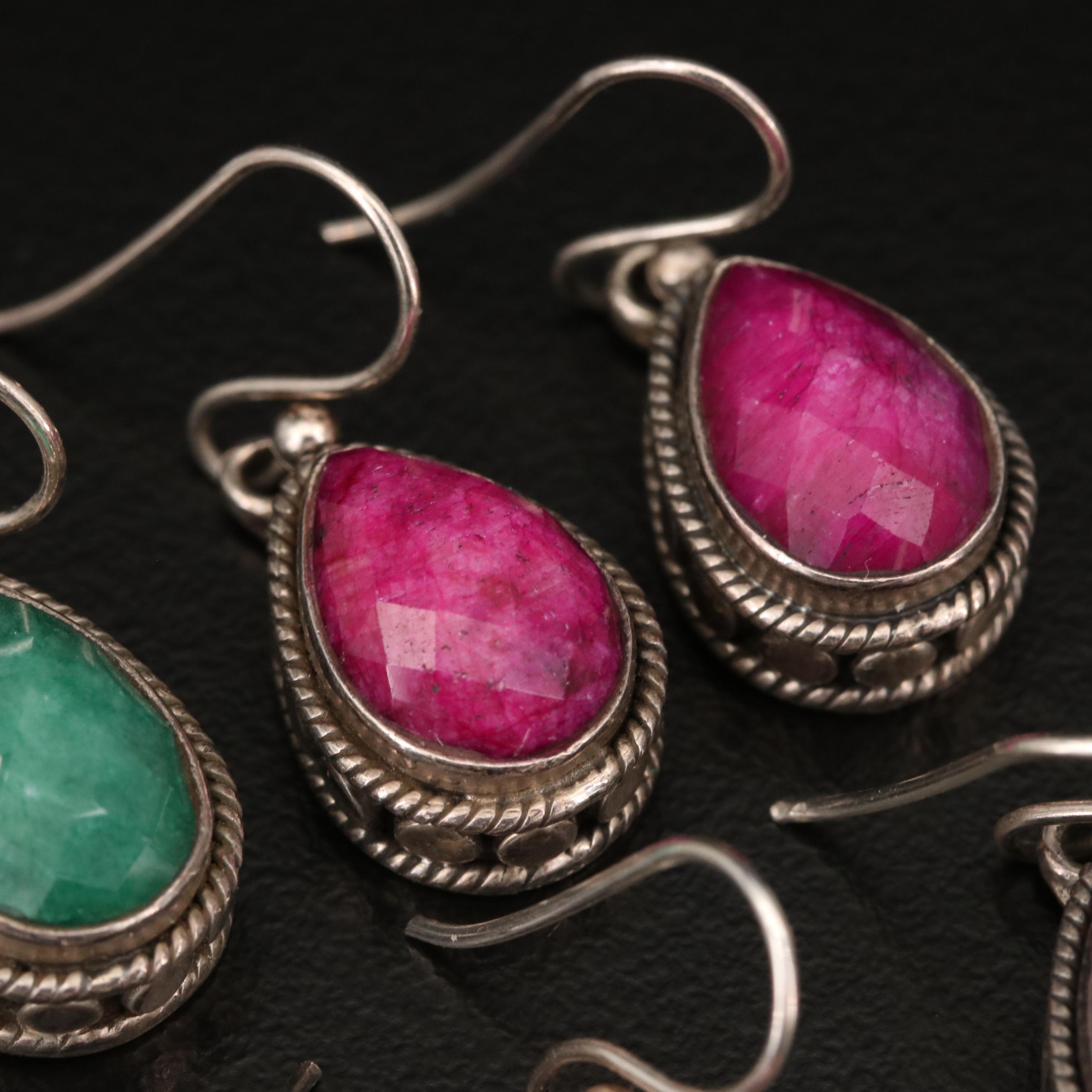 Sterling Silver Drop Earrings Featuring Lapis Lazuli, Beryl and Rubies