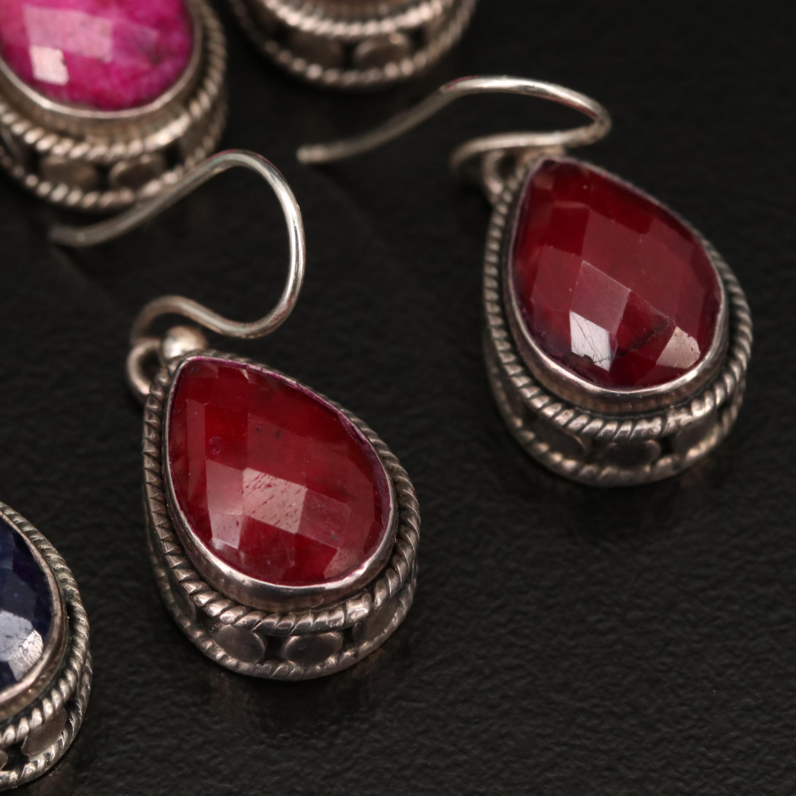 Sterling Silver Drop Earrings Featuring Lapis Lazuli, Beryl and Rubies