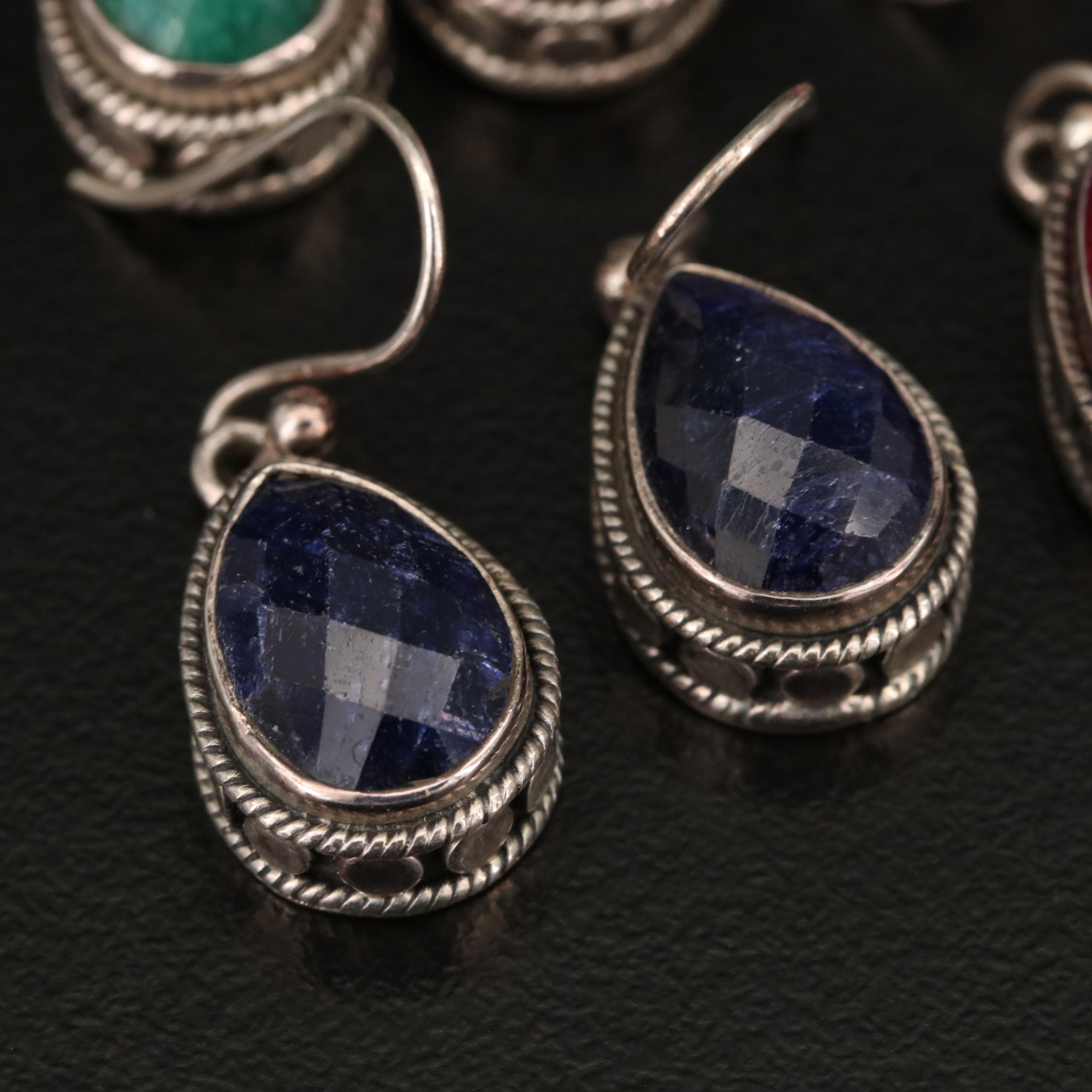 Sterling Silver Drop Earrings Featuring Lapis Lazuli, Beryl and Rubies