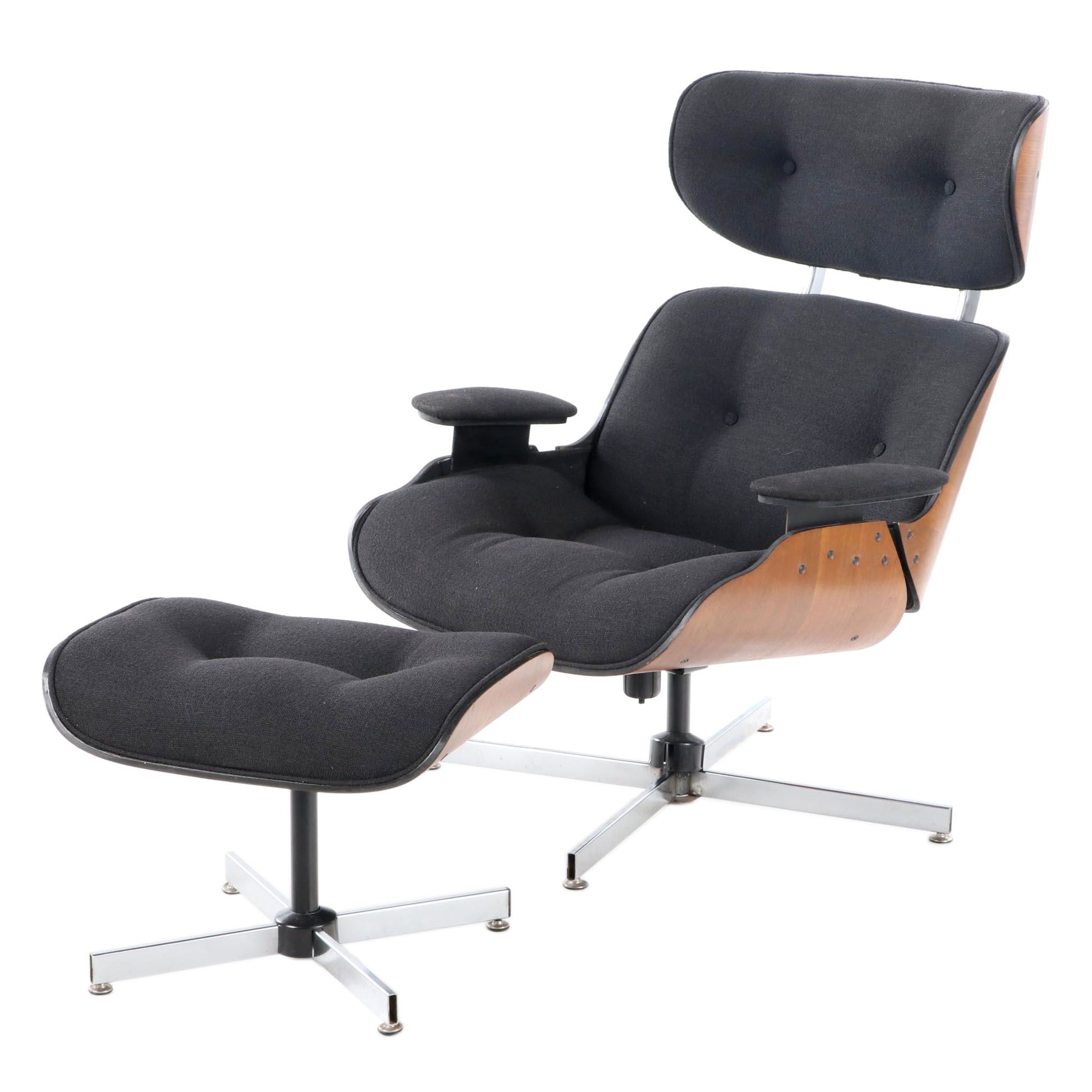 Eames Style Laminated Walnut Lounge Chair and Ottoman