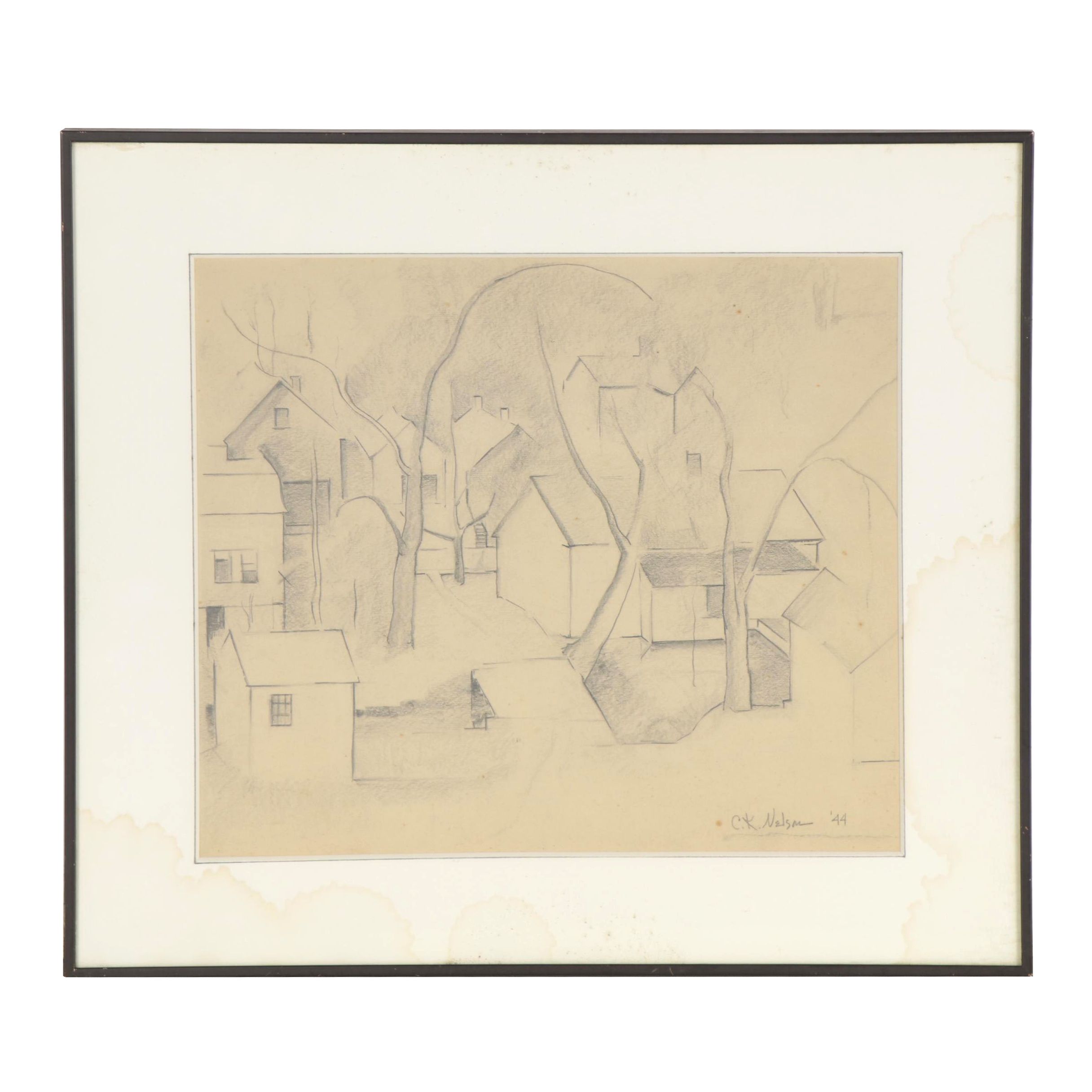 Clara K. Nelson Modernist Style Graphite Drawing of Houses, 1944