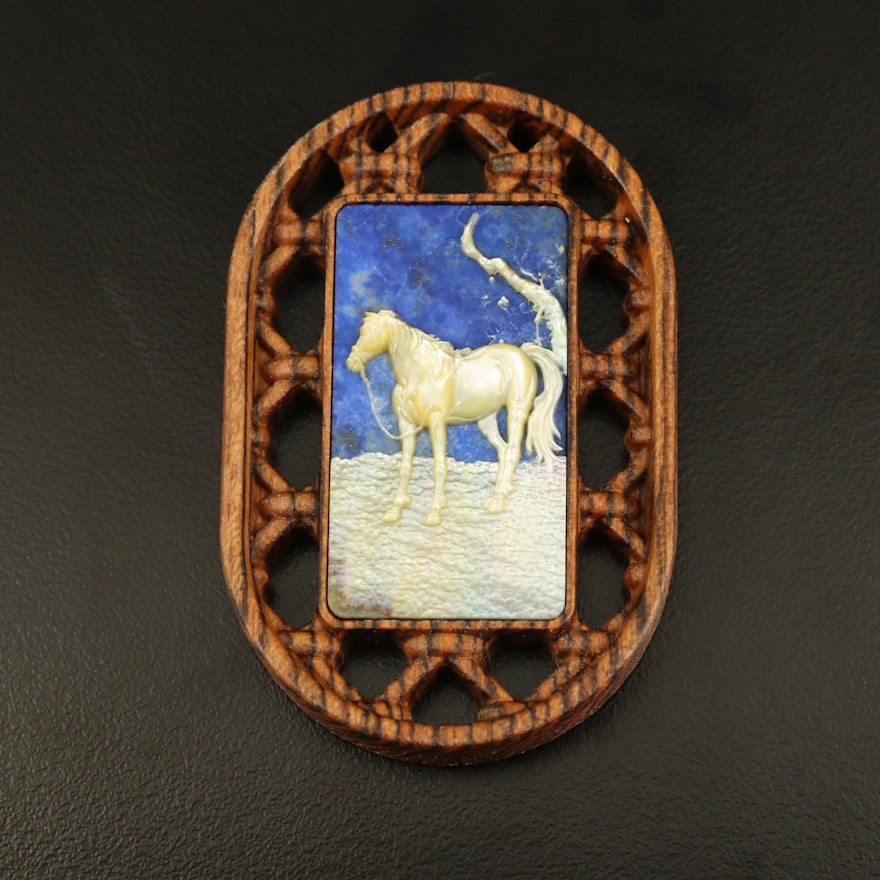 Carved Lapis Lazuli, Mother of Pearl and Wood Horse Pendant