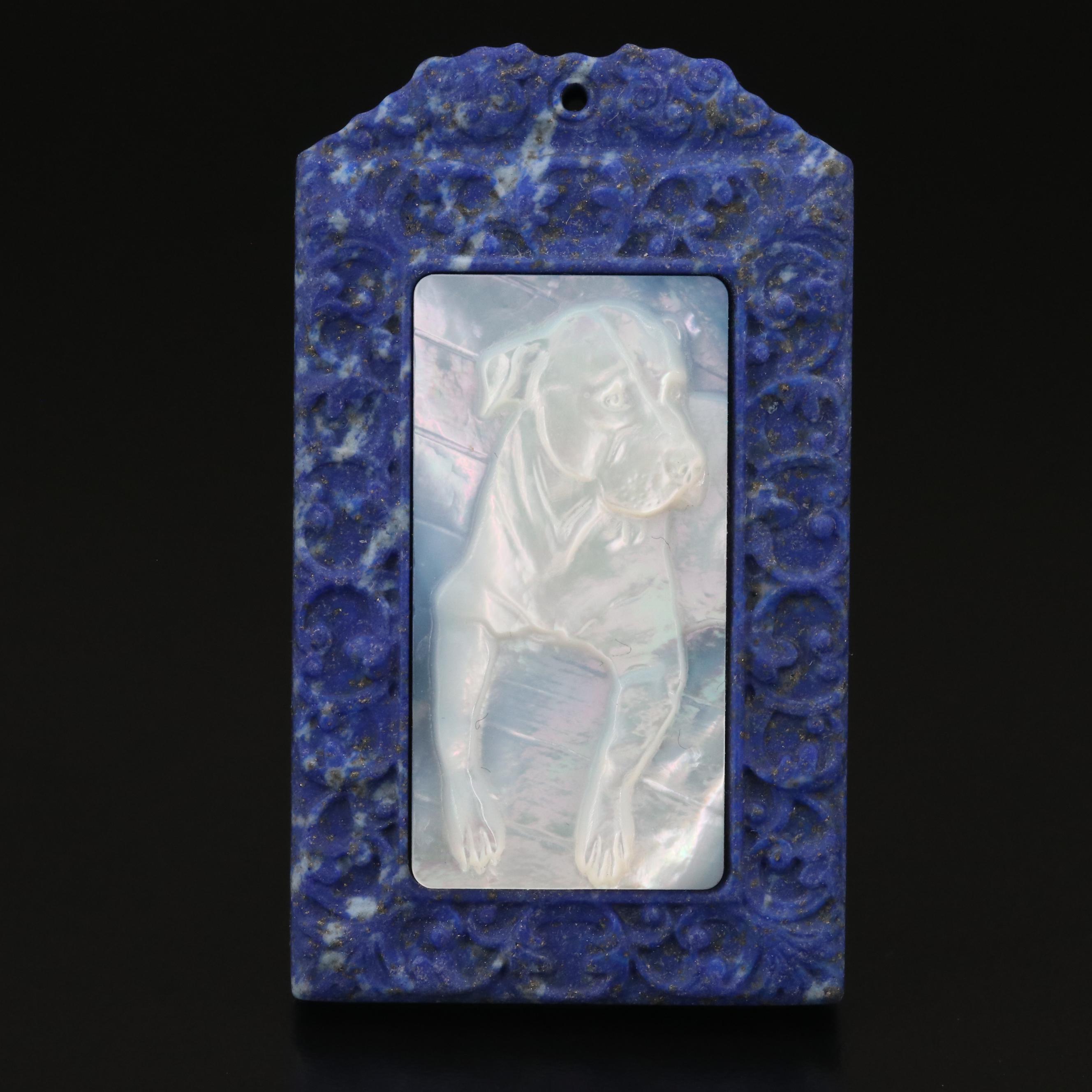 Loose Lapis Lazuli Tablet with Carved Mother of Pearl Dog