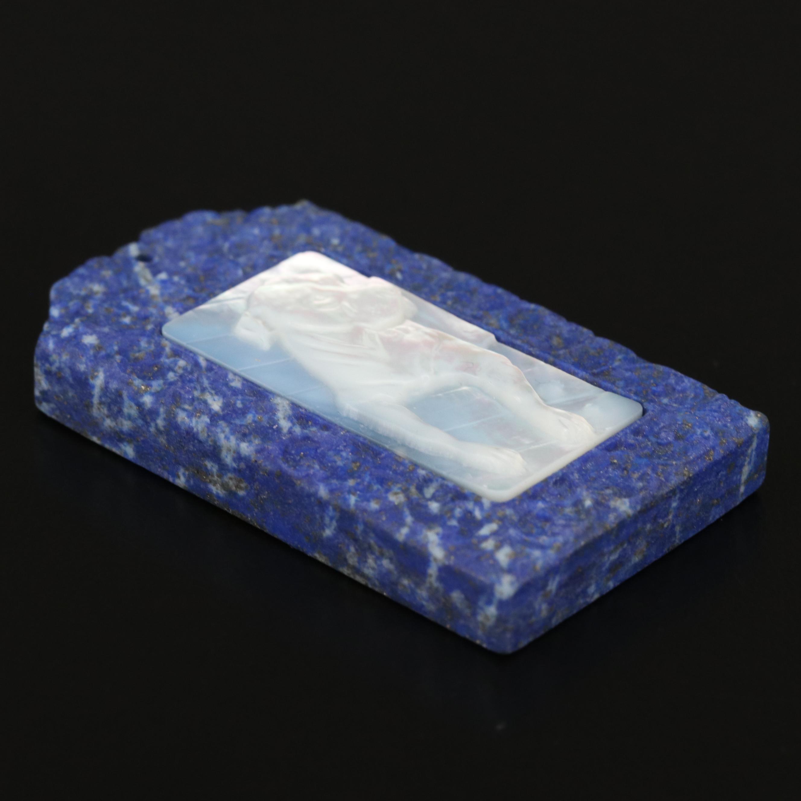 Loose Lapis Lazuli Tablet with Carved Mother of Pearl Dog