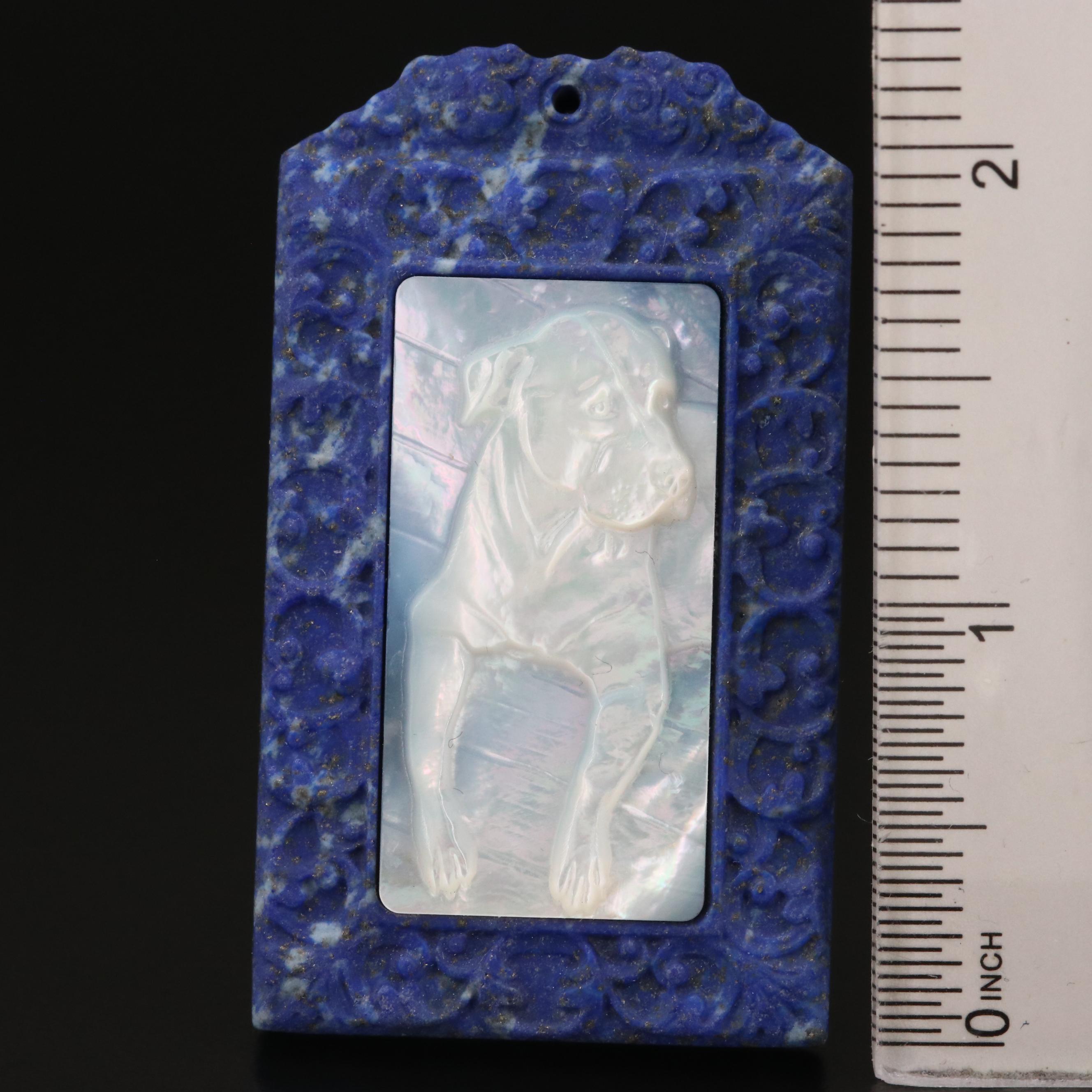 Loose Lapis Lazuli Tablet with Carved Mother of Pearl Dog