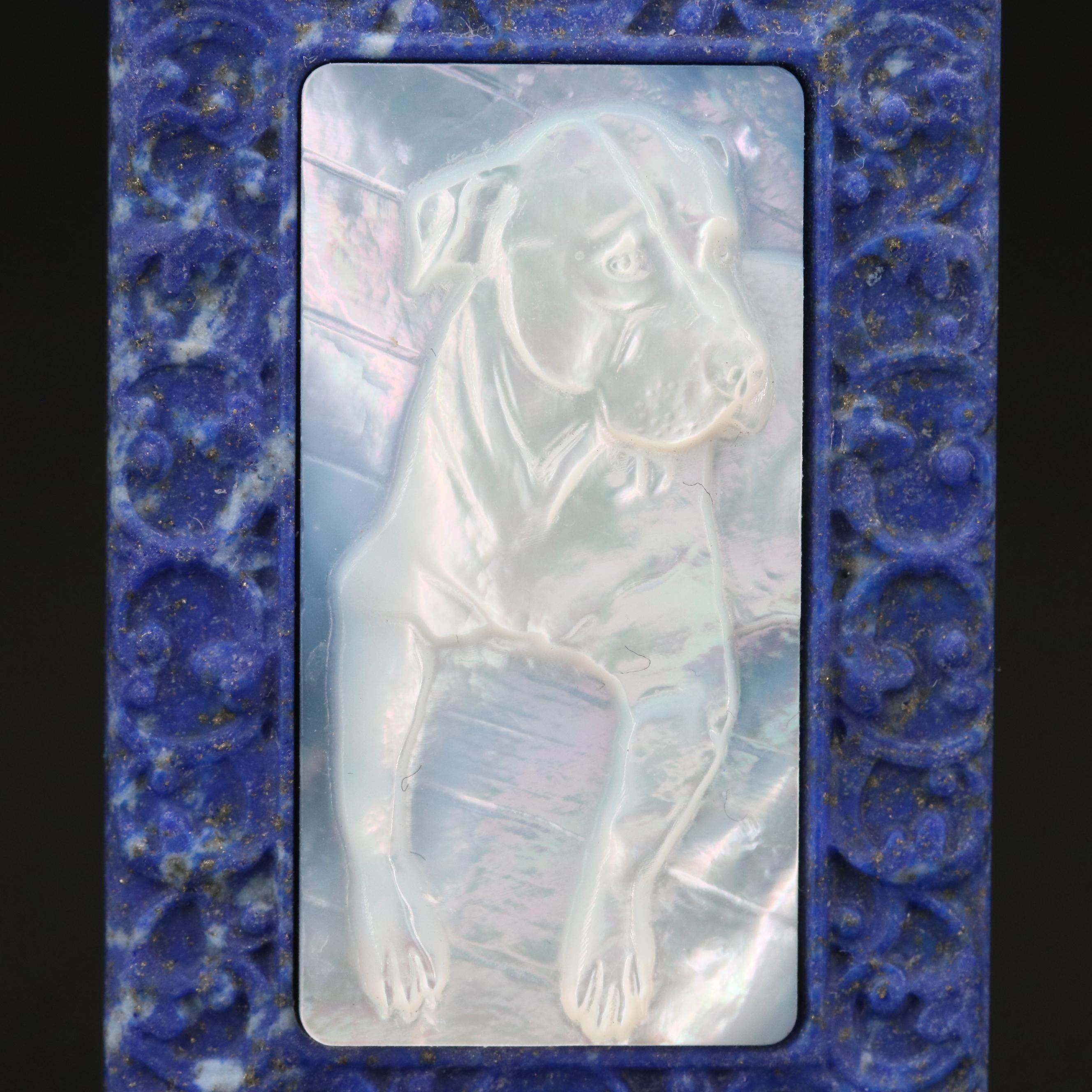 Loose Lapis Lazuli Tablet with Carved Mother of Pearl Dog