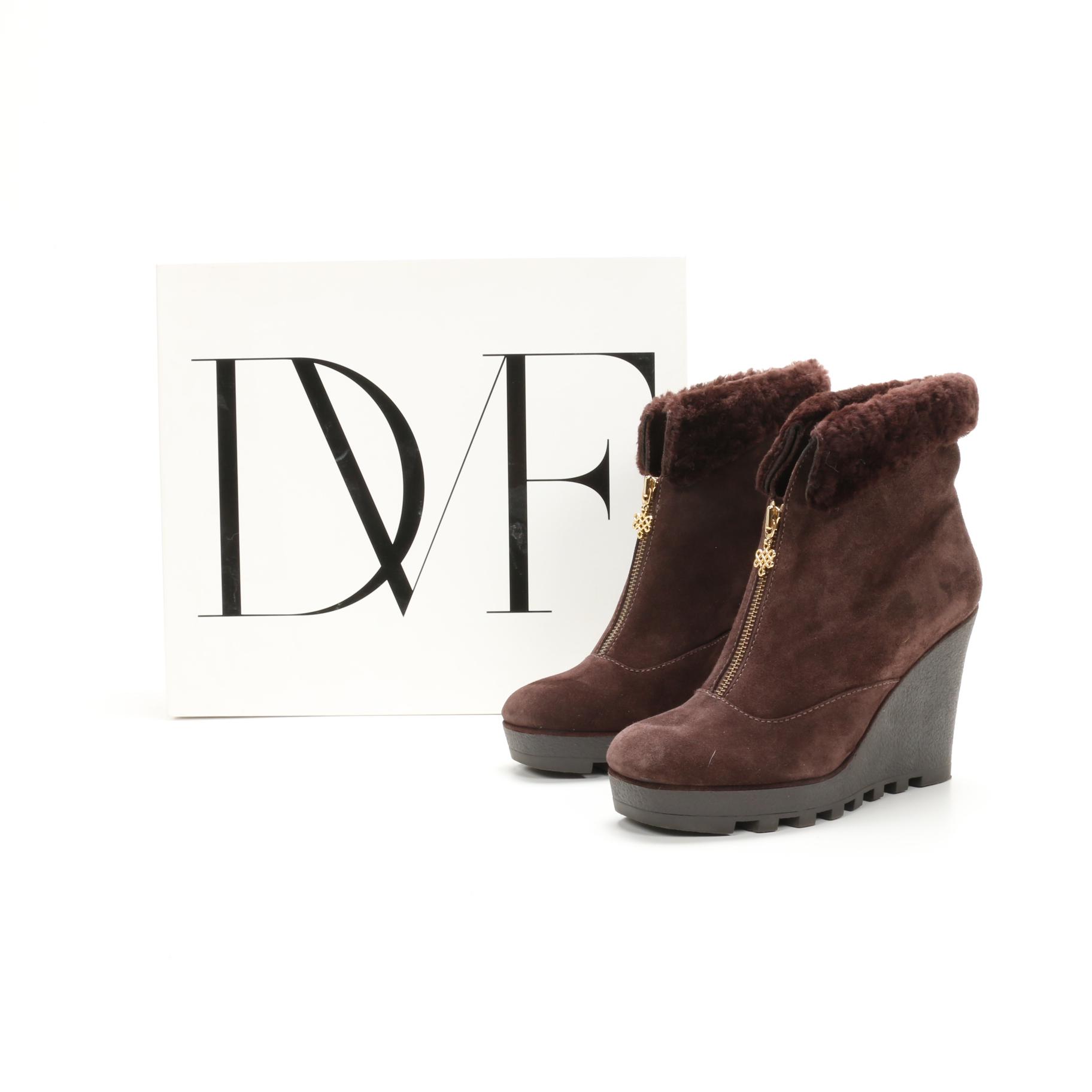 Diane Von Furstenberg Java Wedge Zippered Bootie in Chocolate Suede & Shearling