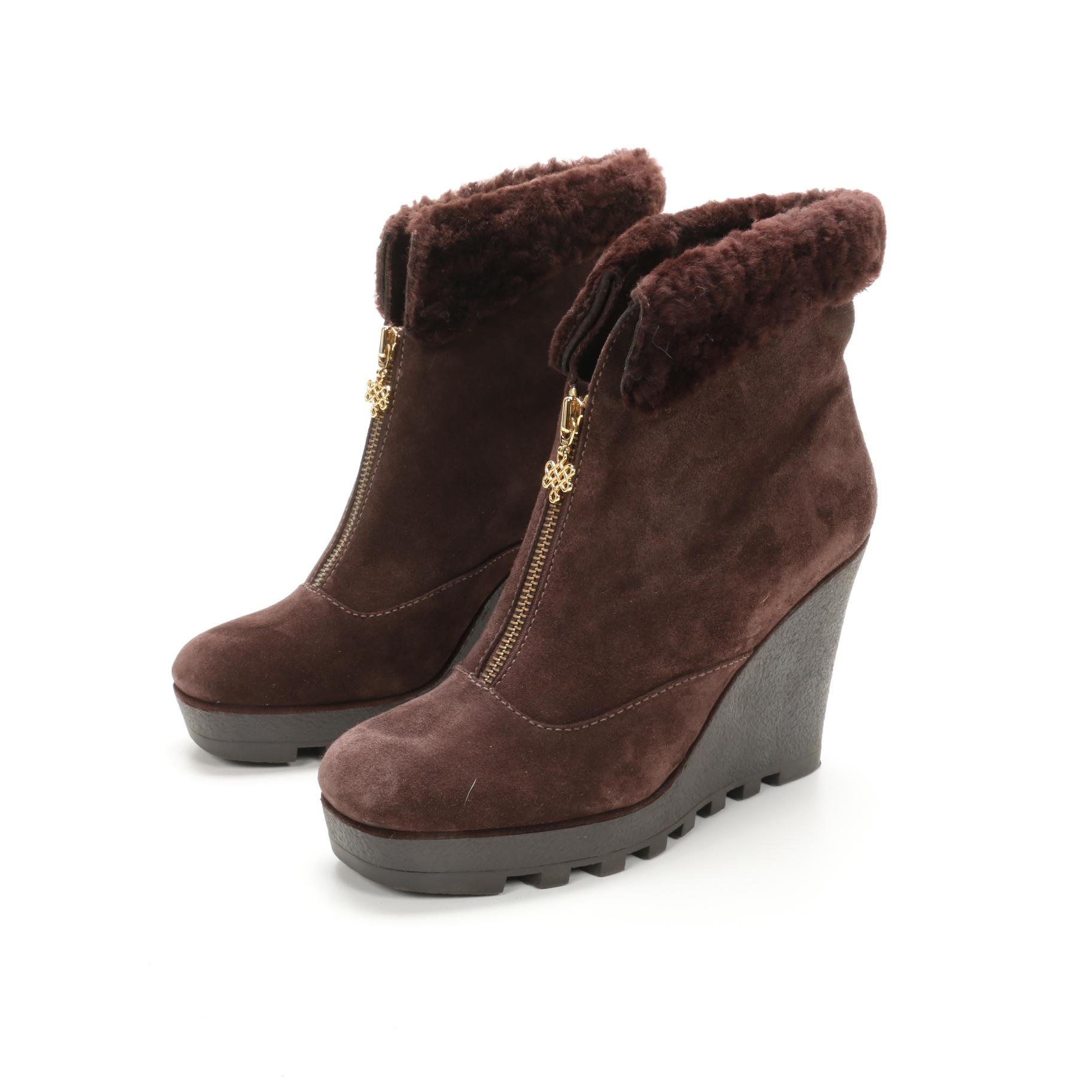 Diane Von Furstenberg Java Wedge Zippered Bootie in Chocolate Suede & Shearling