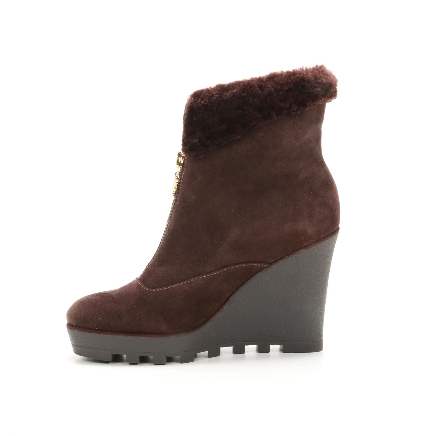 Diane Von Furstenberg Java Wedge Zippered Bootie in Chocolate Suede & Shearling