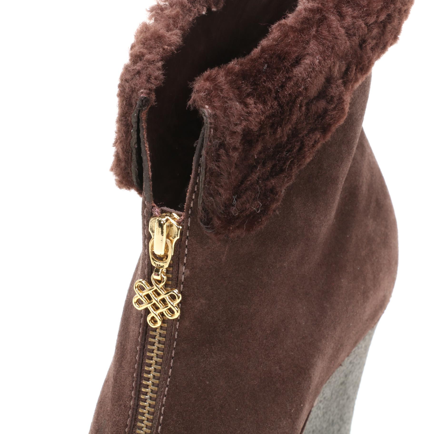 Diane Von Furstenberg Java Wedge Zippered Bootie in Chocolate Suede & Shearling