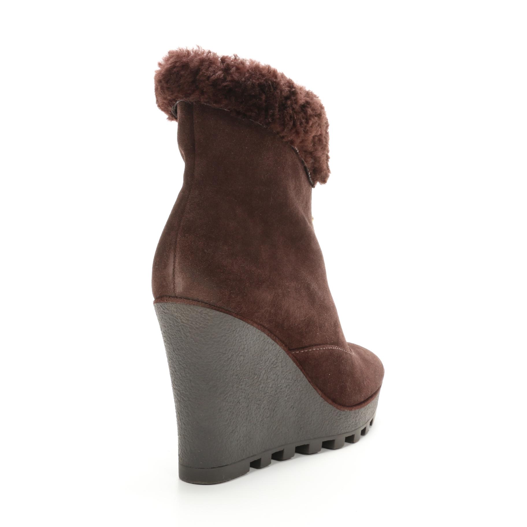 Diane Von Furstenberg Java Wedge Zippered Bootie in Chocolate Suede & Shearling