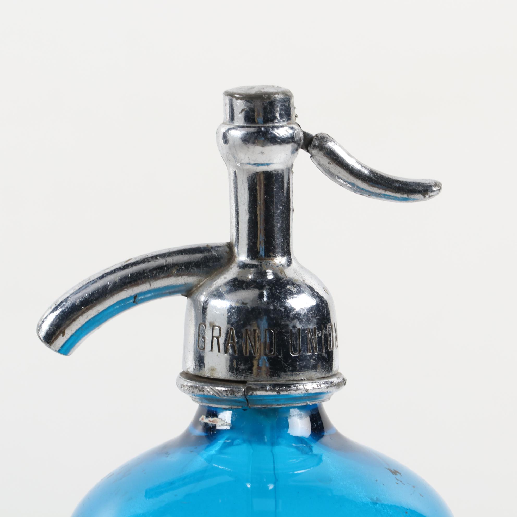Grand Union Mineral Water Co. Blue Glass Seltzer Bottle, Mid-20th C.