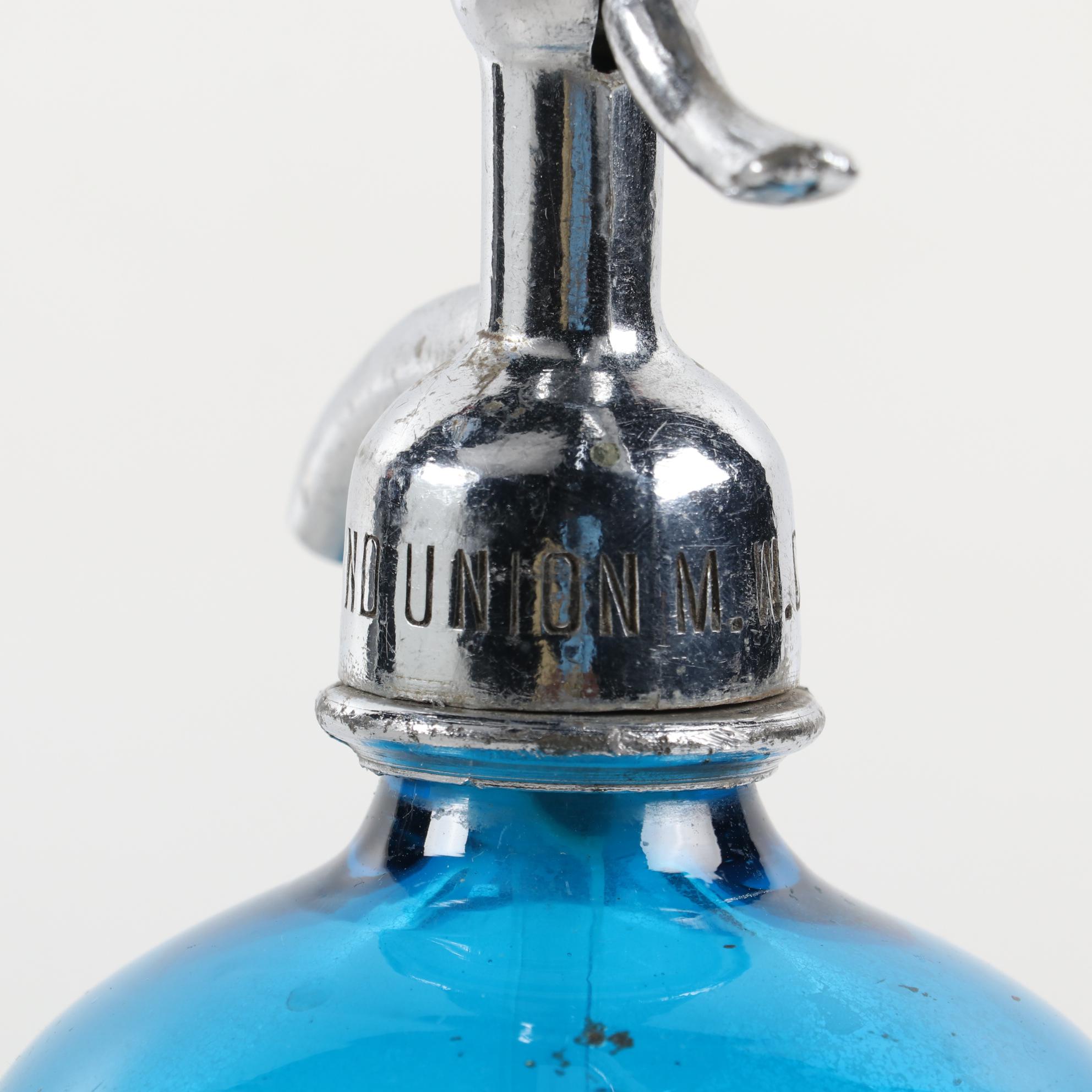 Grand Union Mineral Water Co. Blue Glass Seltzer Bottle, Mid-20th C.