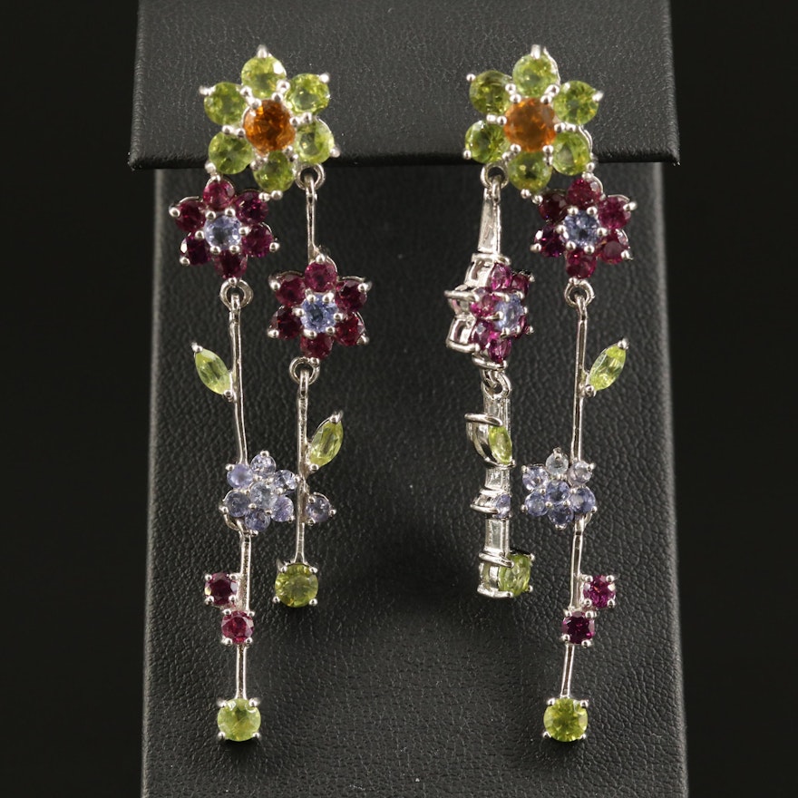 Sterling Silver Citrine, Rhodolite Garnet and Tanzanite Flower Dangle Earrings