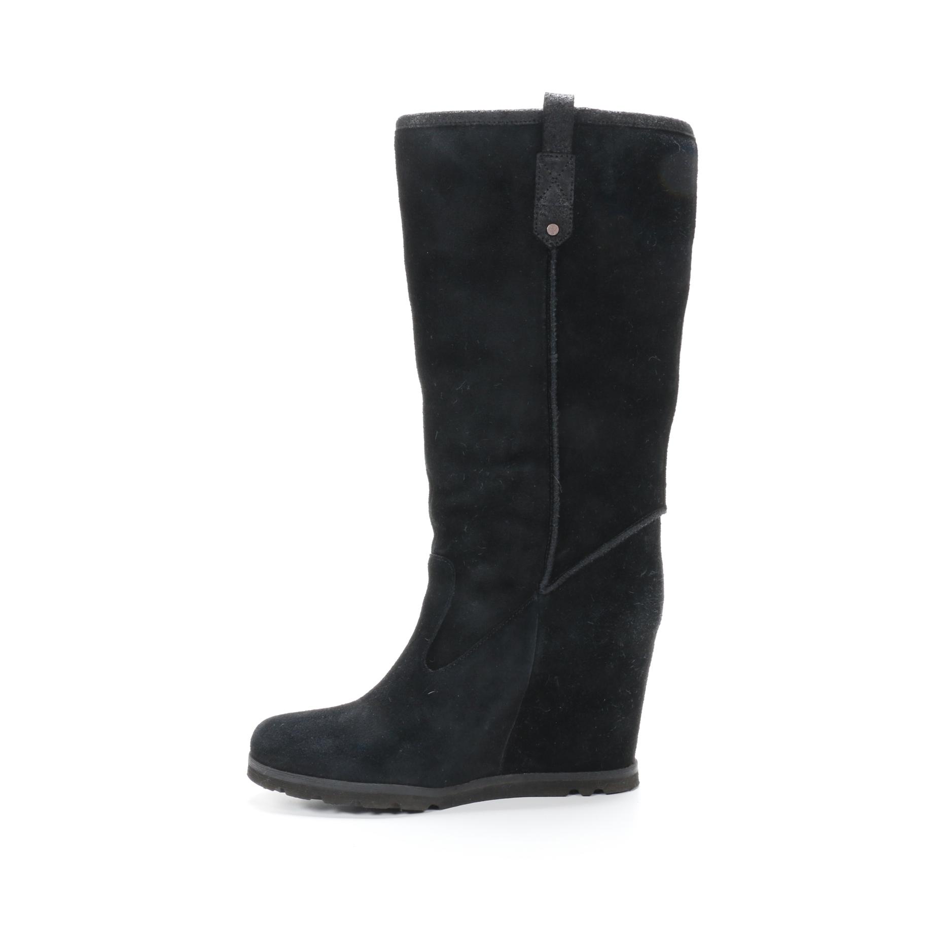 UGG Soliel Black Suede Mid-Calf Wedge Boots