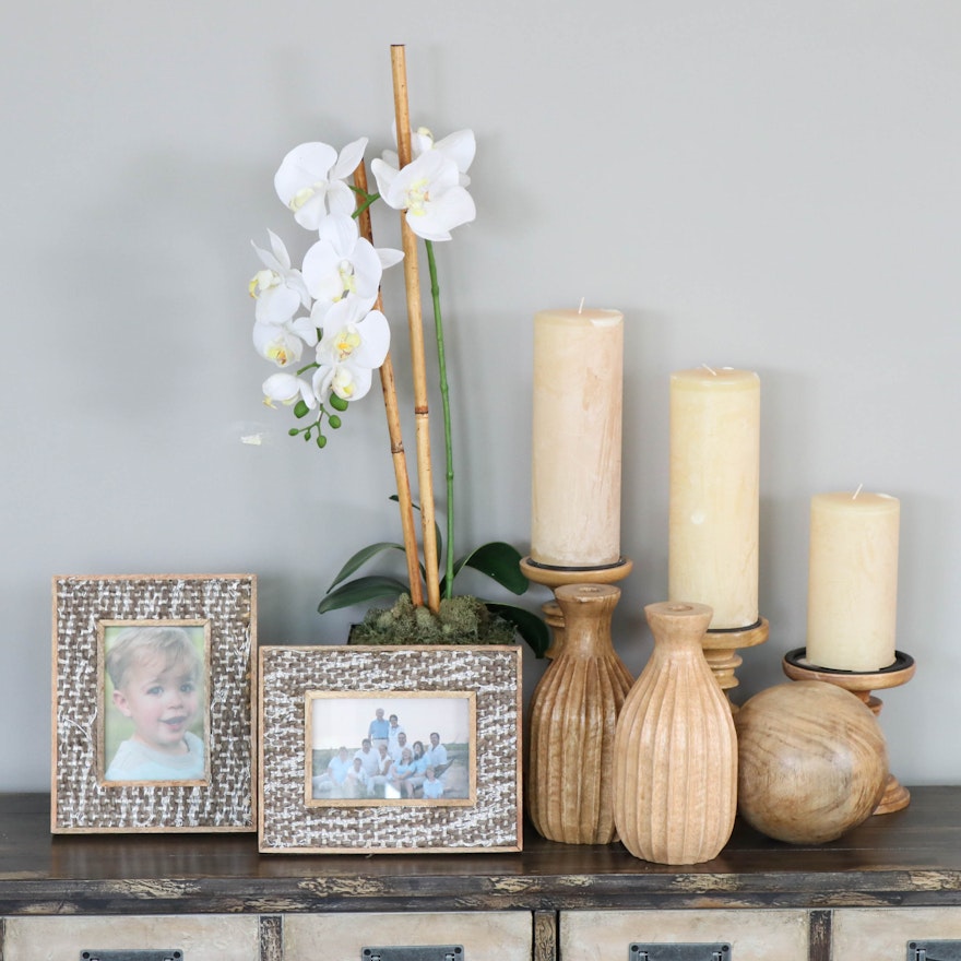 Carved Wood Candleholders and Decor with Potted Faux Orchids, Contemporary