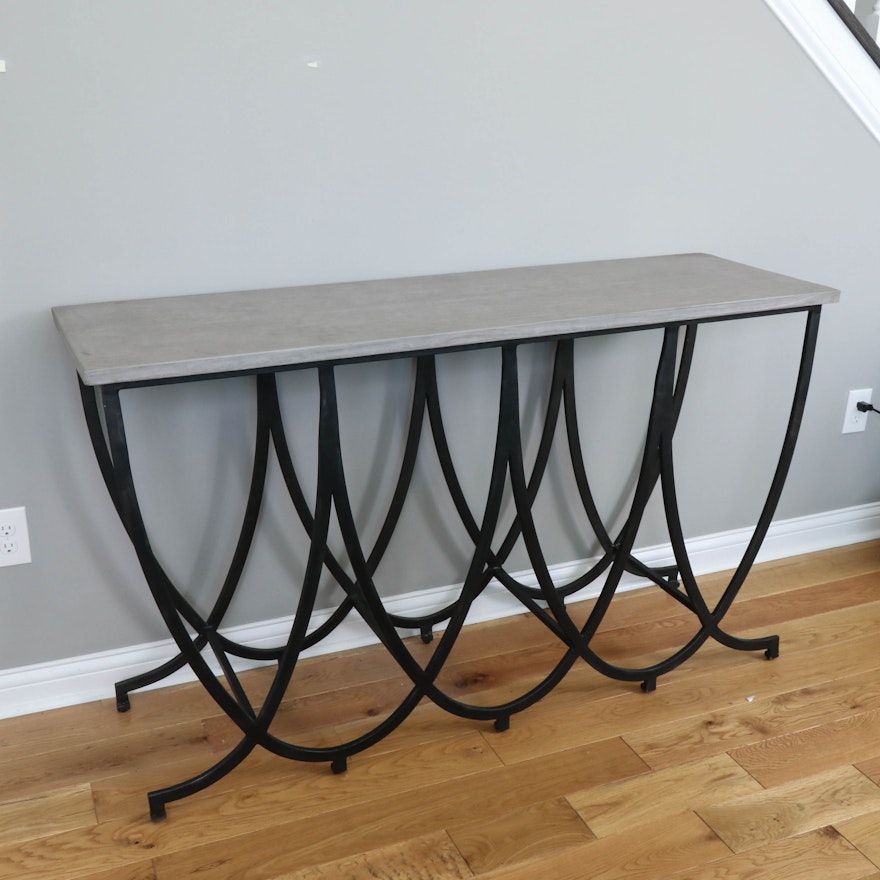 Triple Loop Wrought Iron Console Table with Wood-Patterned Resin Top