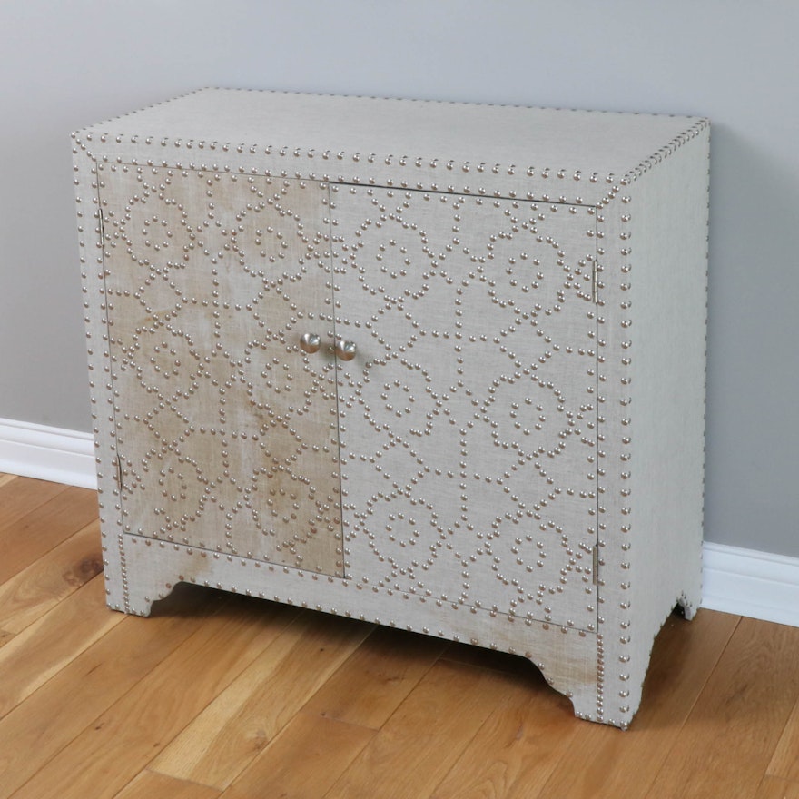 Fabric Upholstered Side Cabinet with Nail Head Floral Design