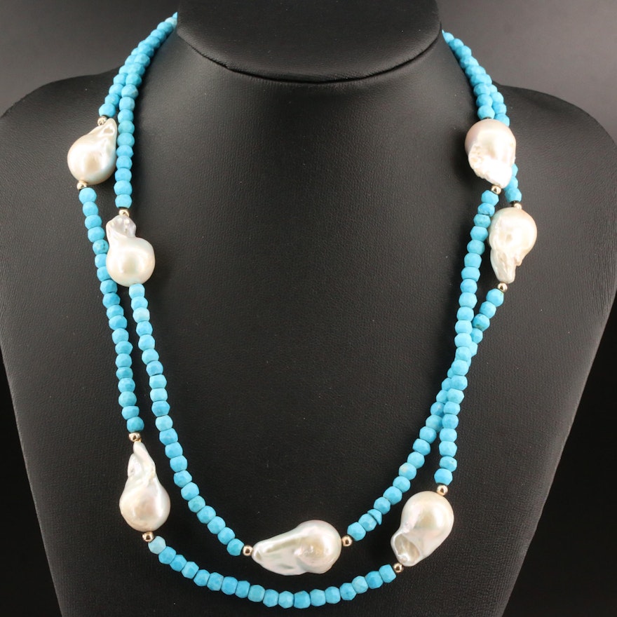 Endless Howlite Beaded Necklace with Pearl Stations