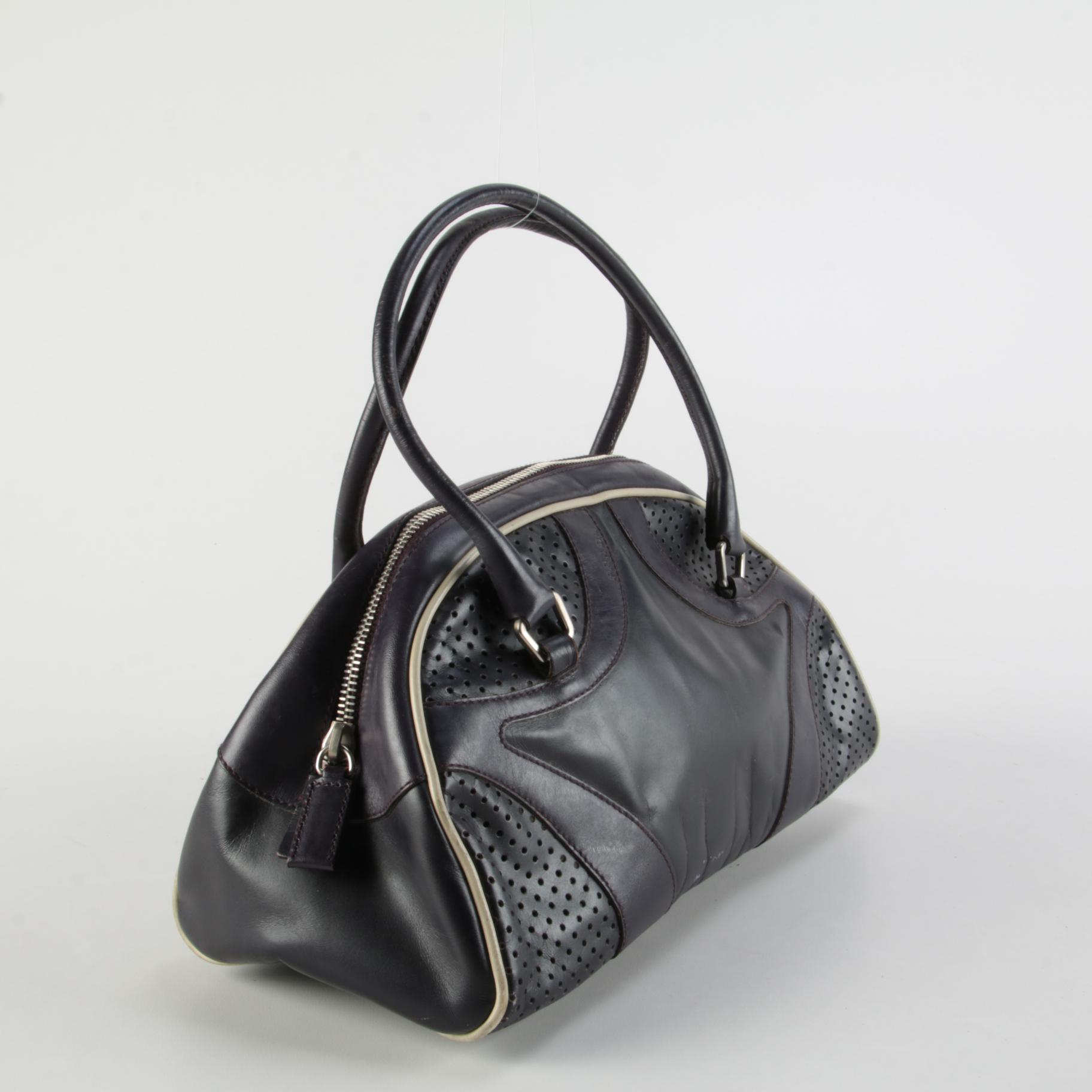 Modified Prada Vitello Drive Perforated Bowler Bag in Dark Aubergine Leather