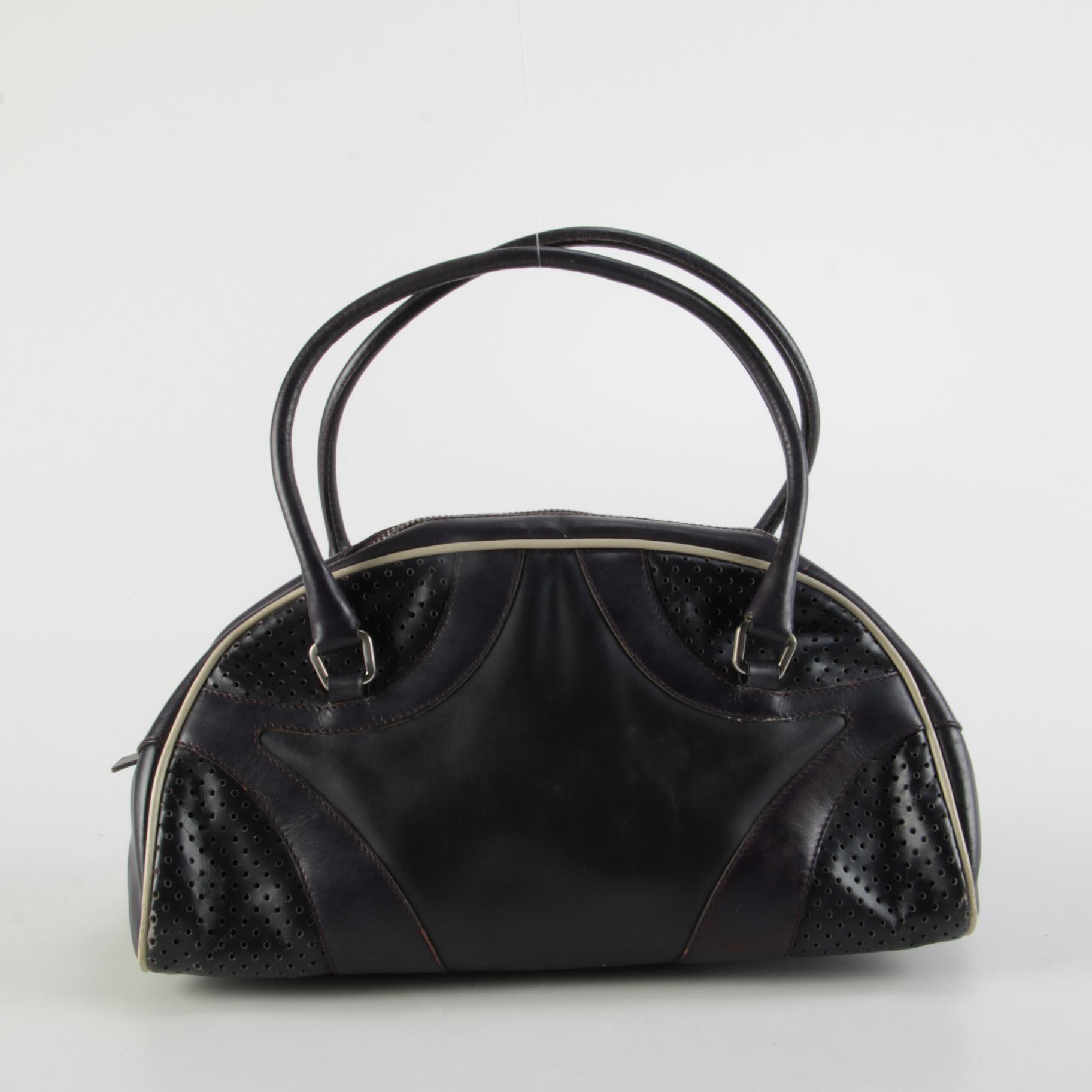 Modified Prada Vitello Drive Perforated Bowler Bag in Dark Aubergine Leather