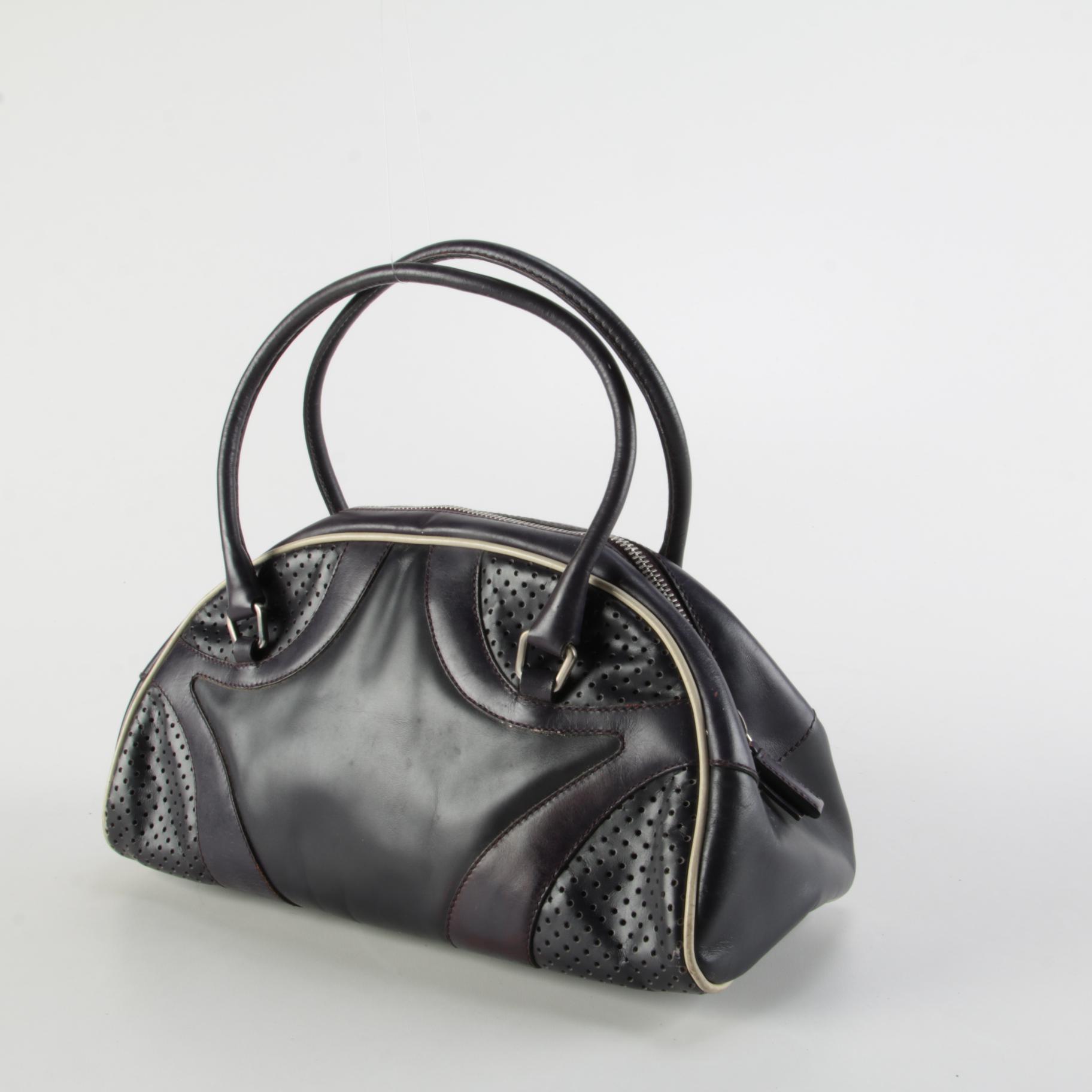 Modified Prada Vitello Drive Perforated Bowler Bag in Dark Aubergine Leather