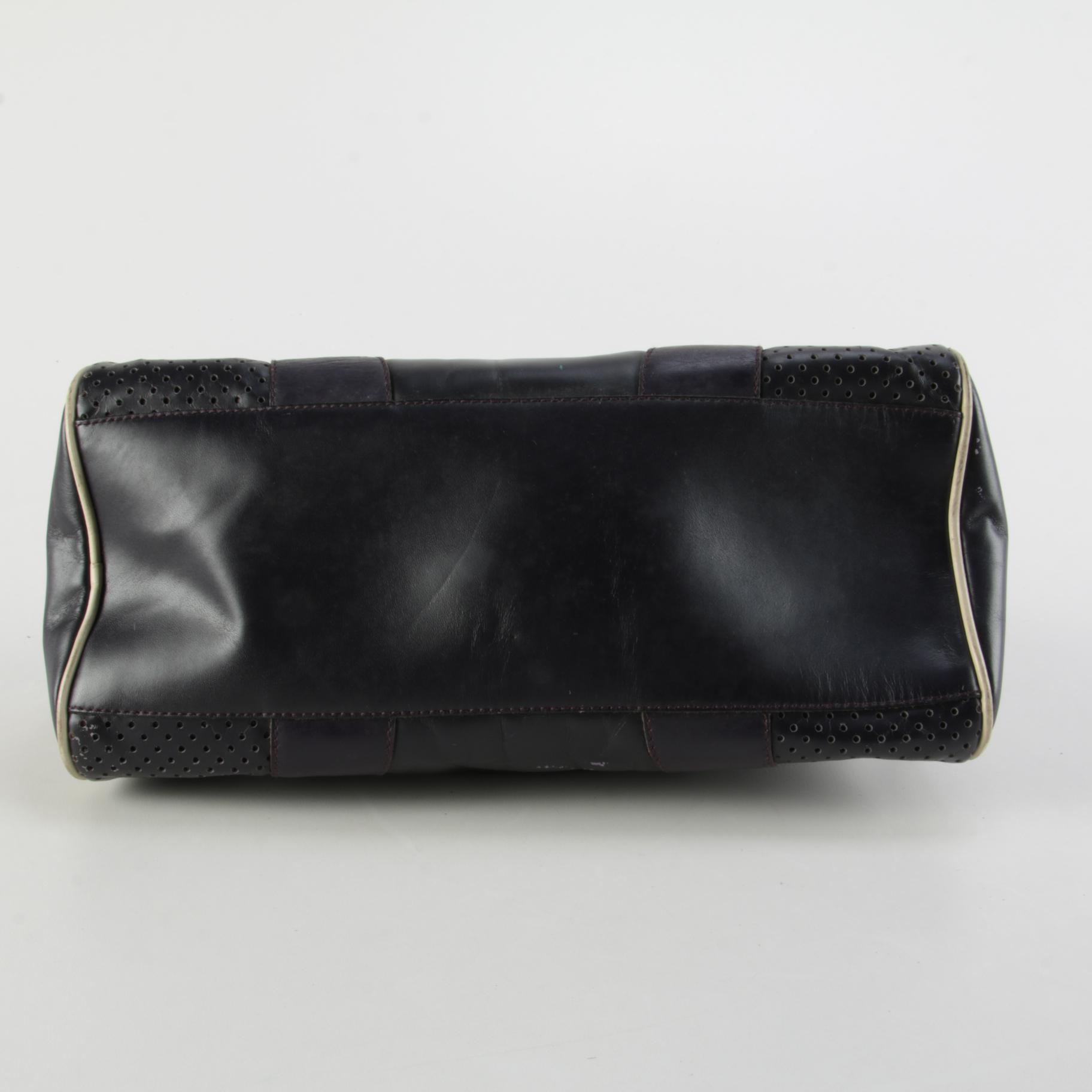 Modified Prada Vitello Drive Perforated Bowler Bag in Dark Aubergine Leather