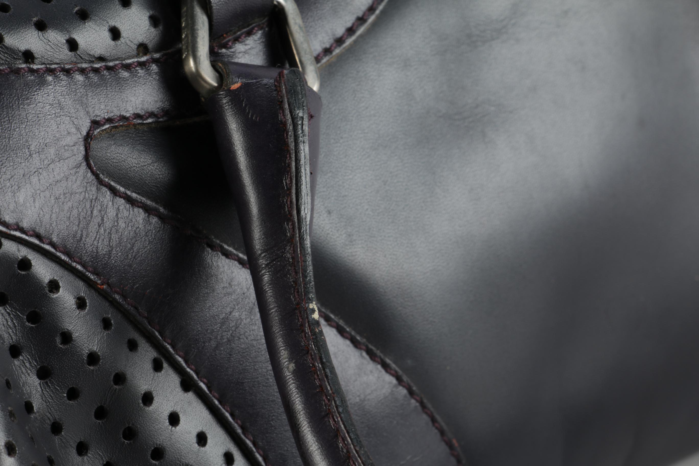 Modified Prada Vitello Drive Perforated Bowler Bag in Dark Aubergine Leather