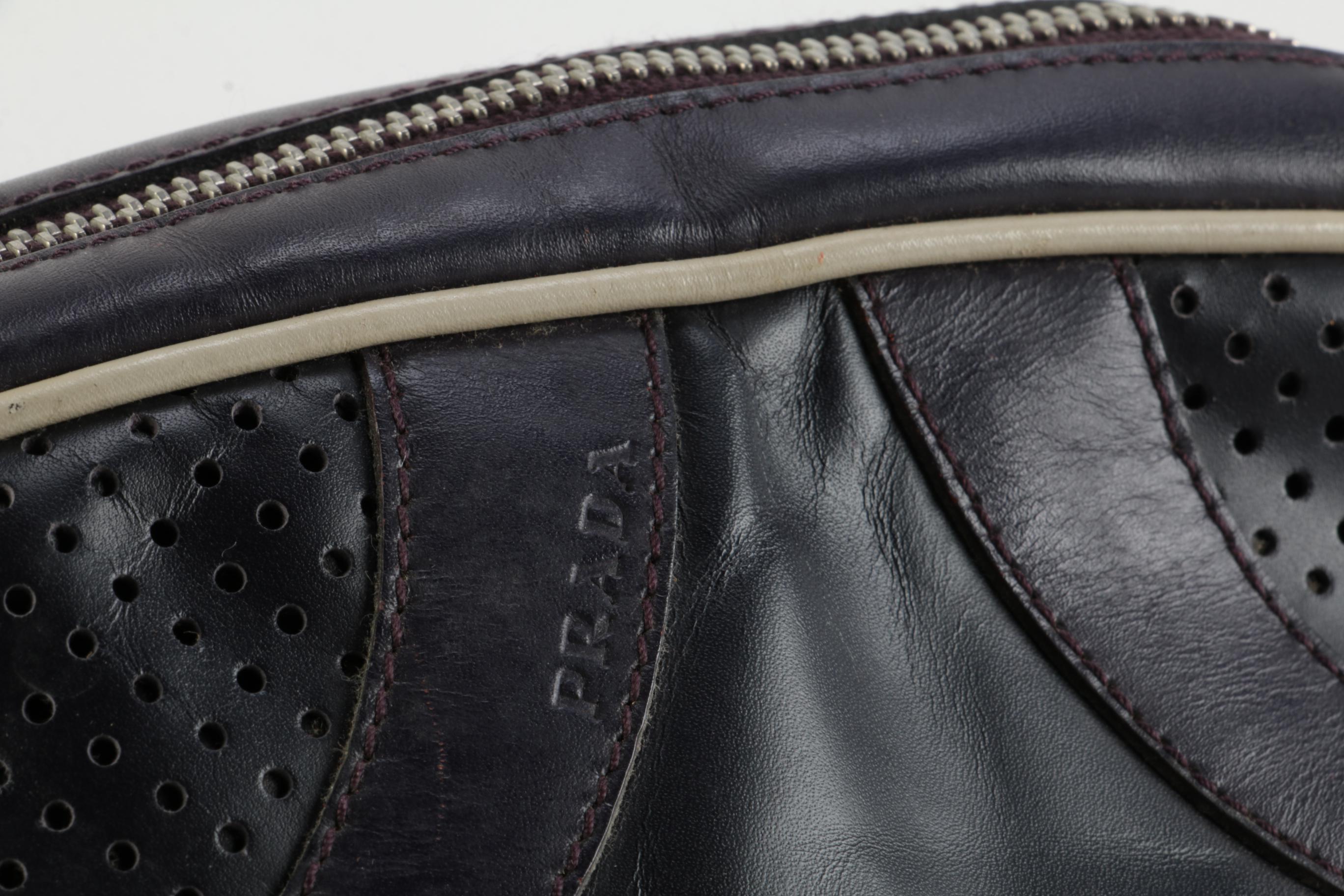 Modified Prada Vitello Drive Perforated Bowler Bag in Dark Aubergine Leather