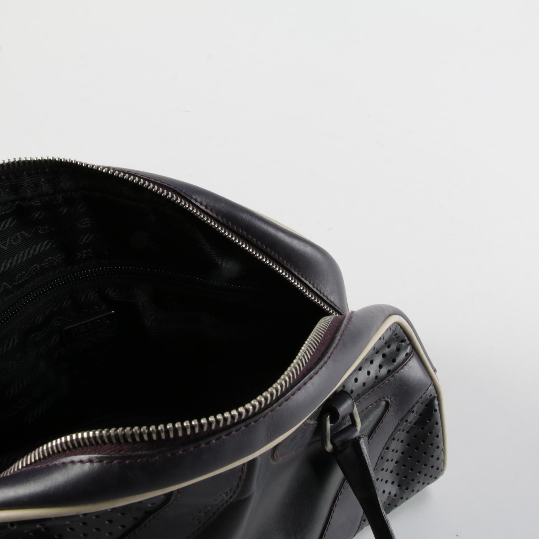 Modified Prada Vitello Drive Perforated Bowler Bag in Dark Aubergine Leather