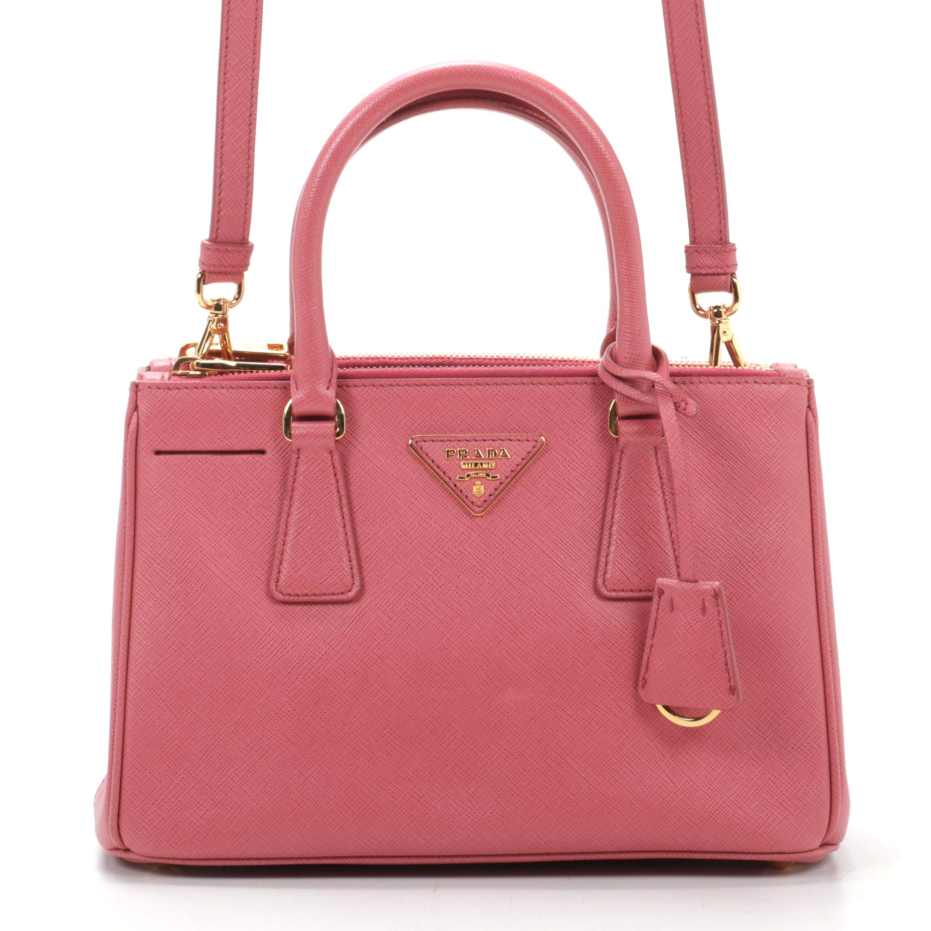 Prada Mini Double Zip Lux Two-Way Tote in Pink Saffiano Leather