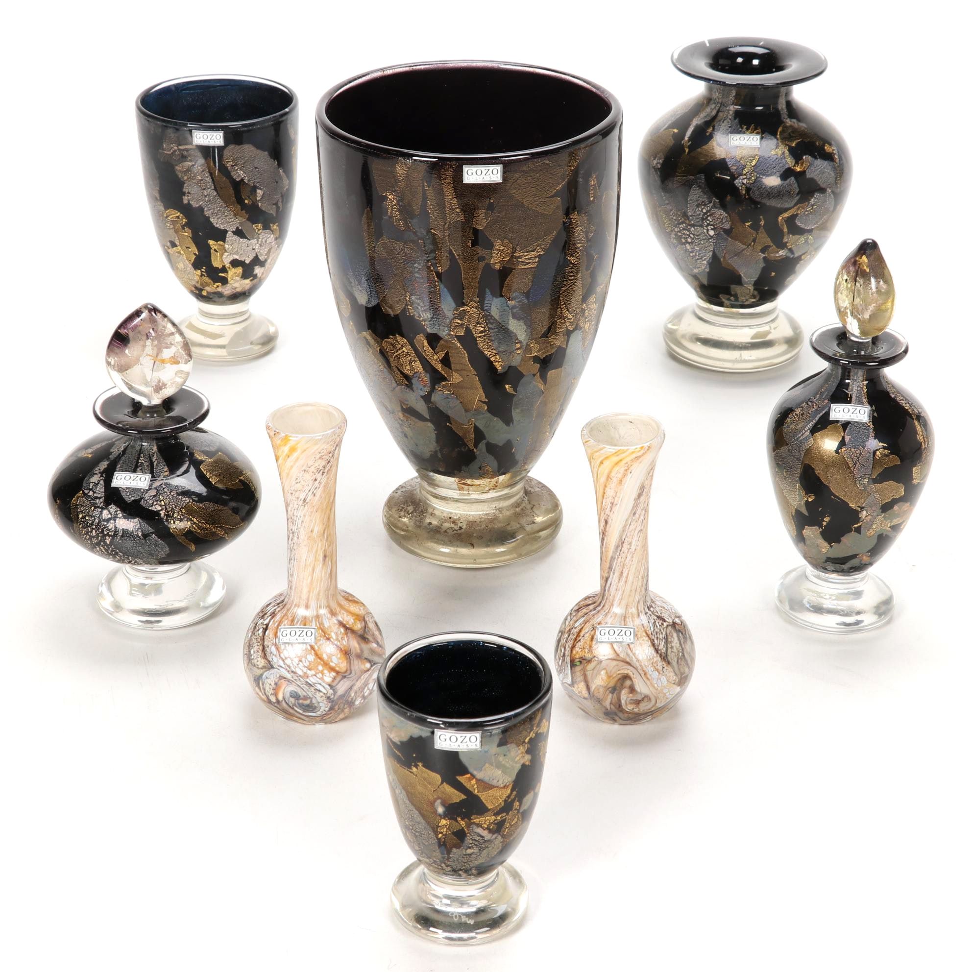 Gozo Glass "Calypso Black" and "Stone" Vase, Goblets and Perfume Bottles