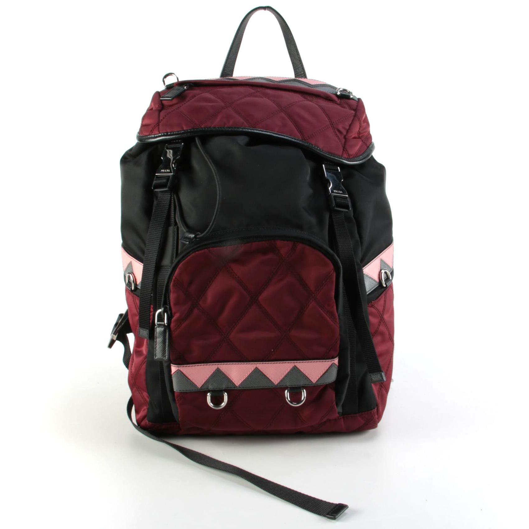 Prada Large Impunto Tessuto Double Buckle Backpack in Black and Maroon Nylon