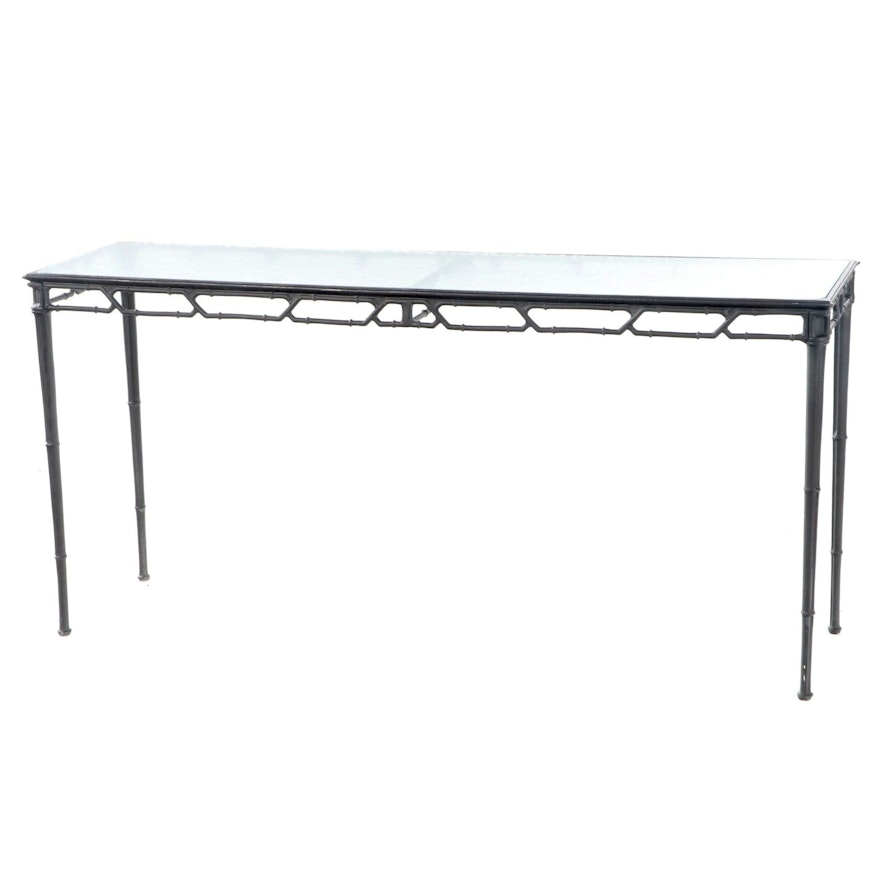 Cast Metal Faux Bamboo and Glass Top Patio Console Table