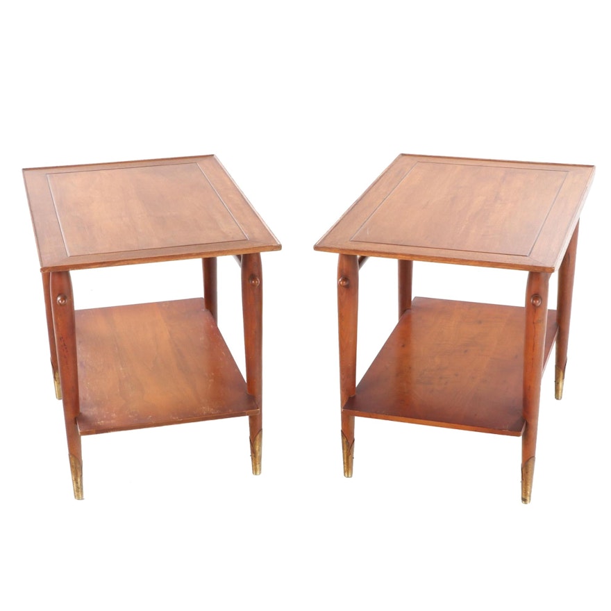 Pair of Lane Mid Century Modern Walnut Two-Tier Side Tables