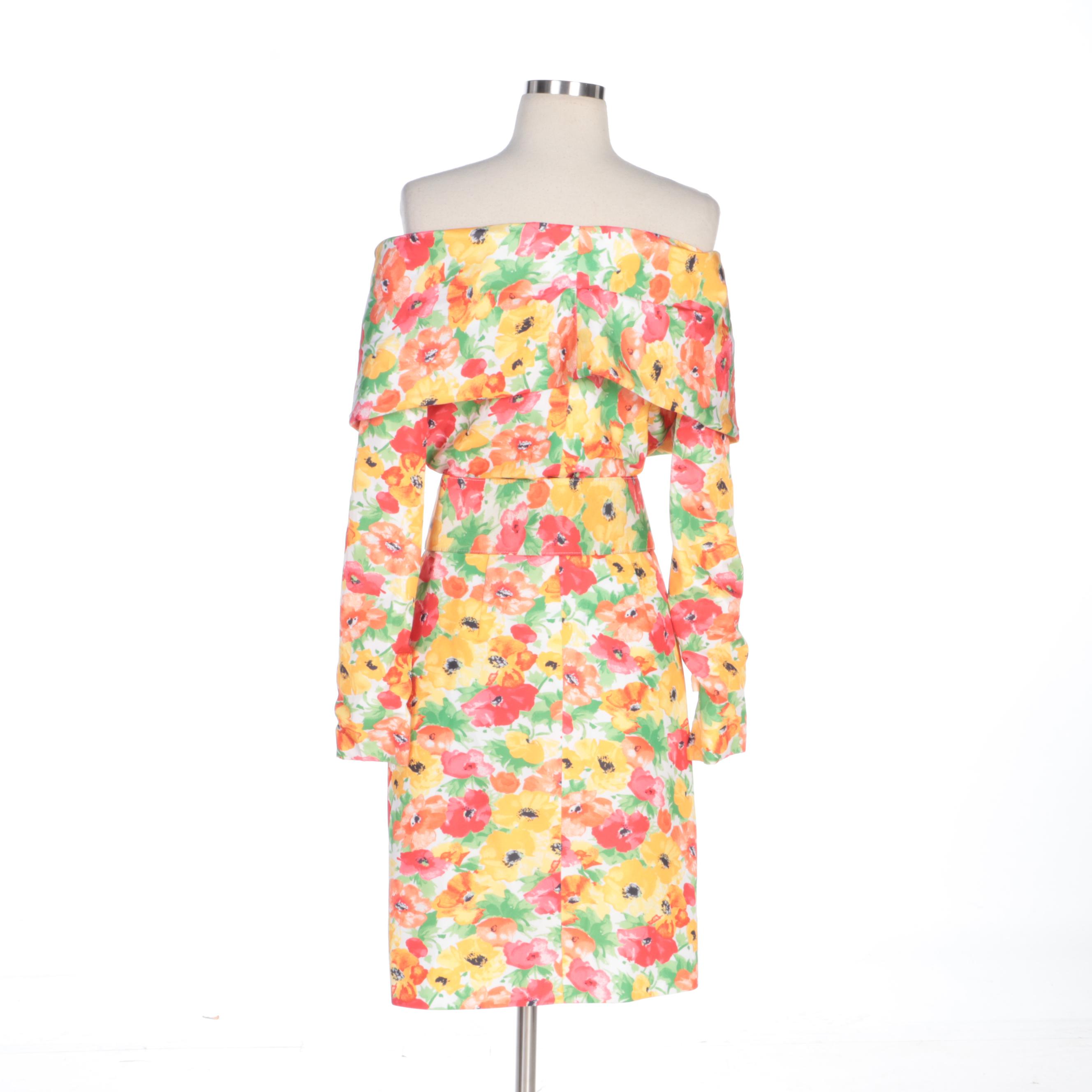 Victor Costa Poppy Print Draped Off-the-Shoulder Dress for Bergdorf Goodman