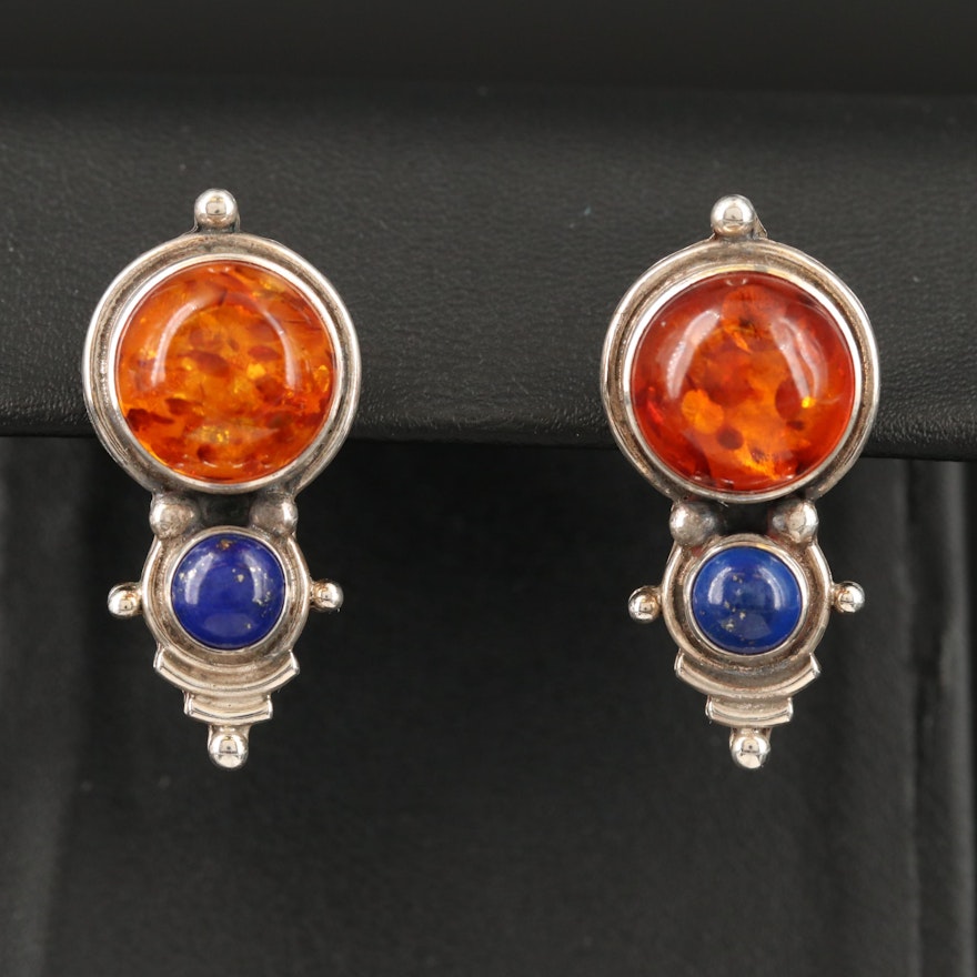 Sterling Silver Amber and Lapis Lazuli Earrings