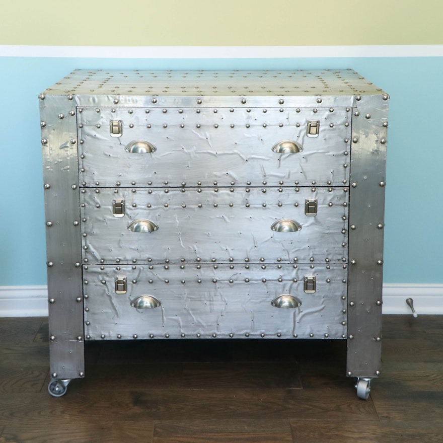 Industrial Style Silver Gilt-Wood and Metal Three-Drawer Riveted Chest
