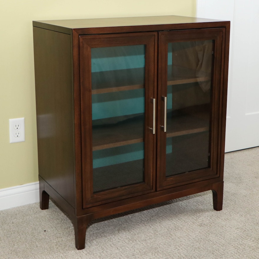 Mid Century Modern Style Walnut-Stained Side Cabinet with Glass Doors