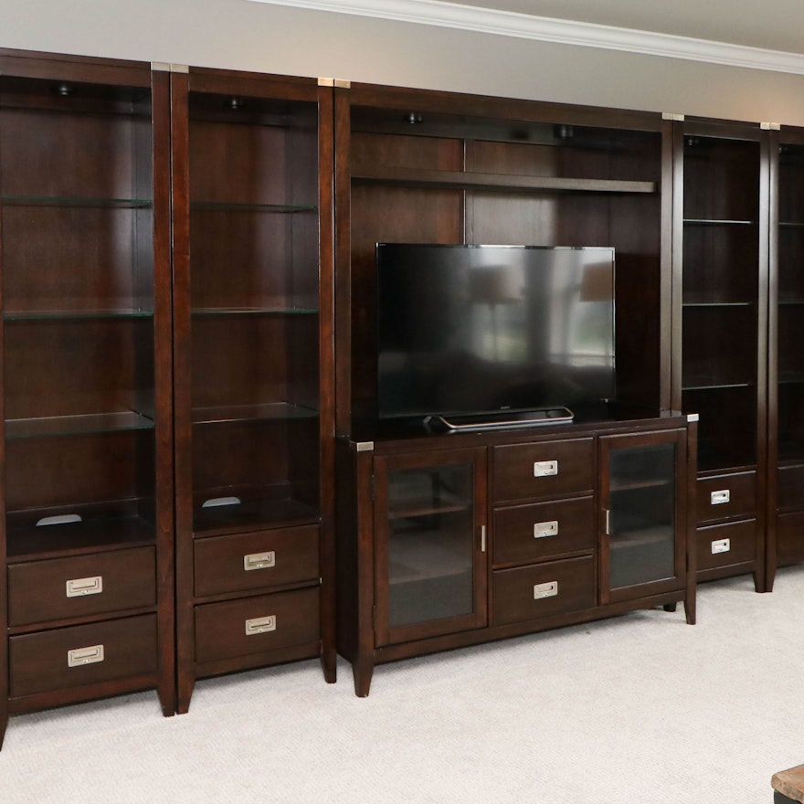 Mahogany-Stained Five-Piece Entertainment Wall Unit with Overhead Lighting