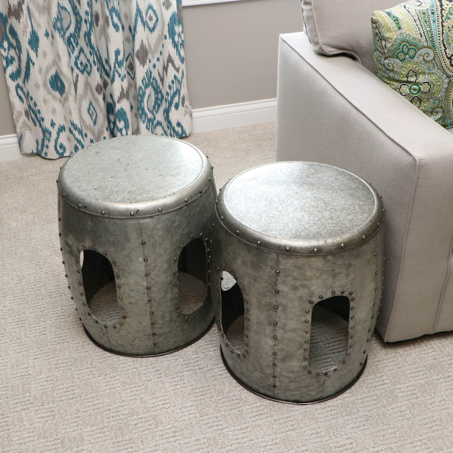 Pair of Galvanized Steel Drum Side Tables with Hammered Finish