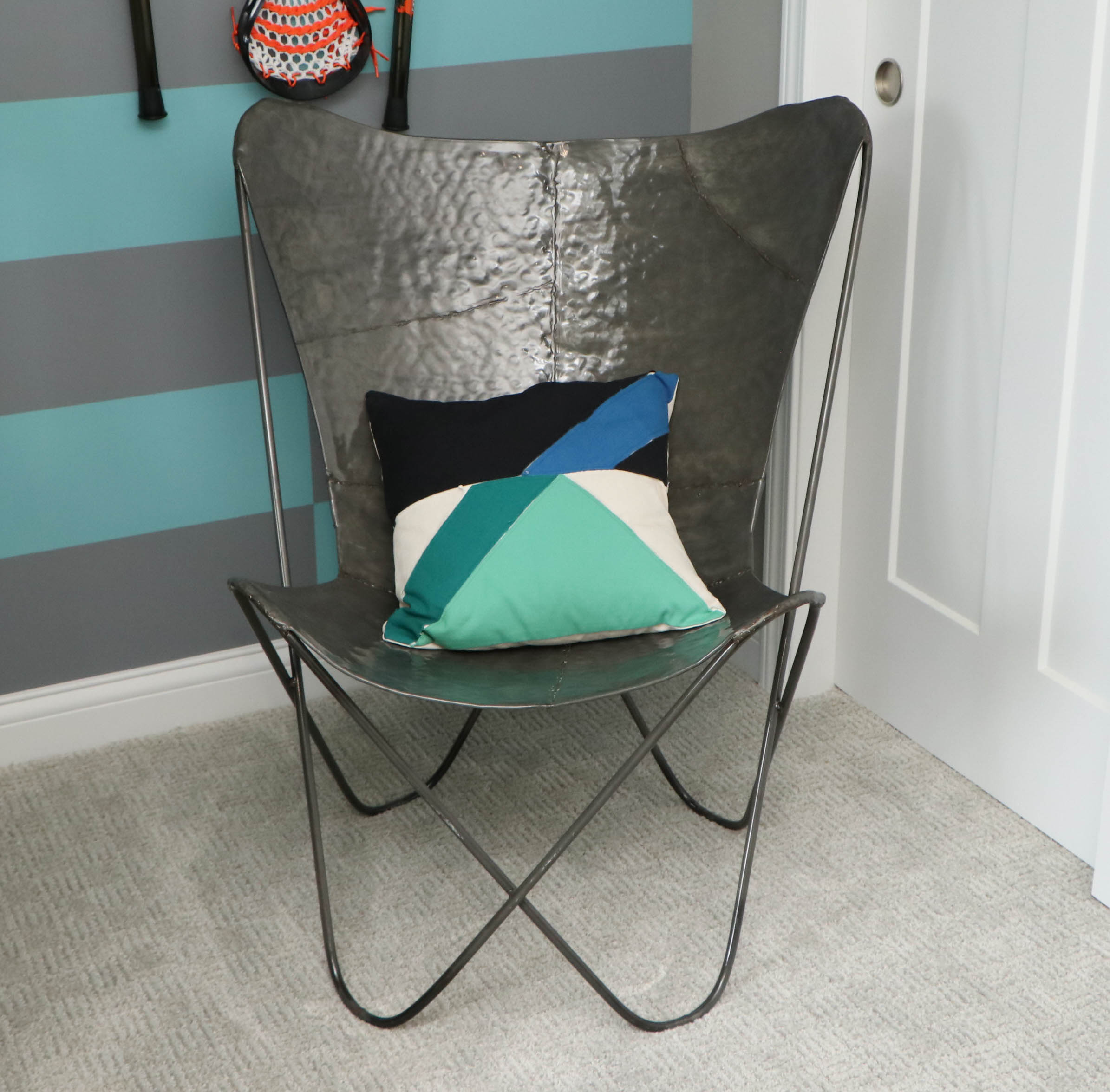 Contemporary Hammered Metal Butterfly Chair with Decorative Pillow