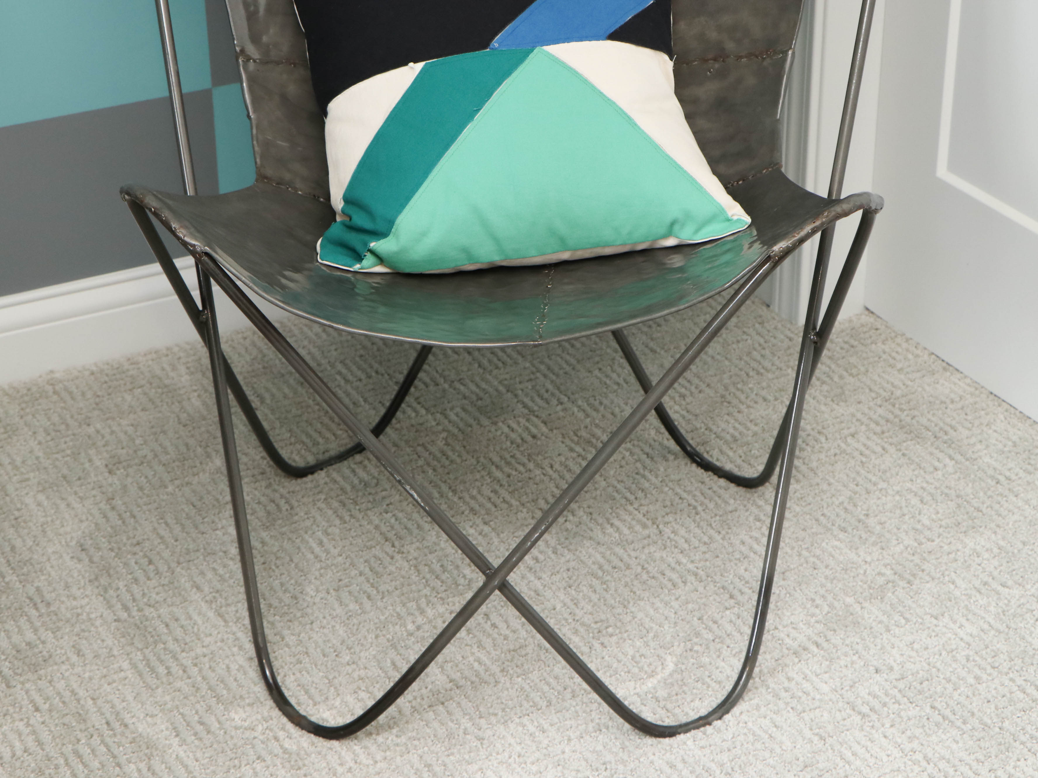 Contemporary Hammered Metal Butterfly Chair with Decorative Pillow