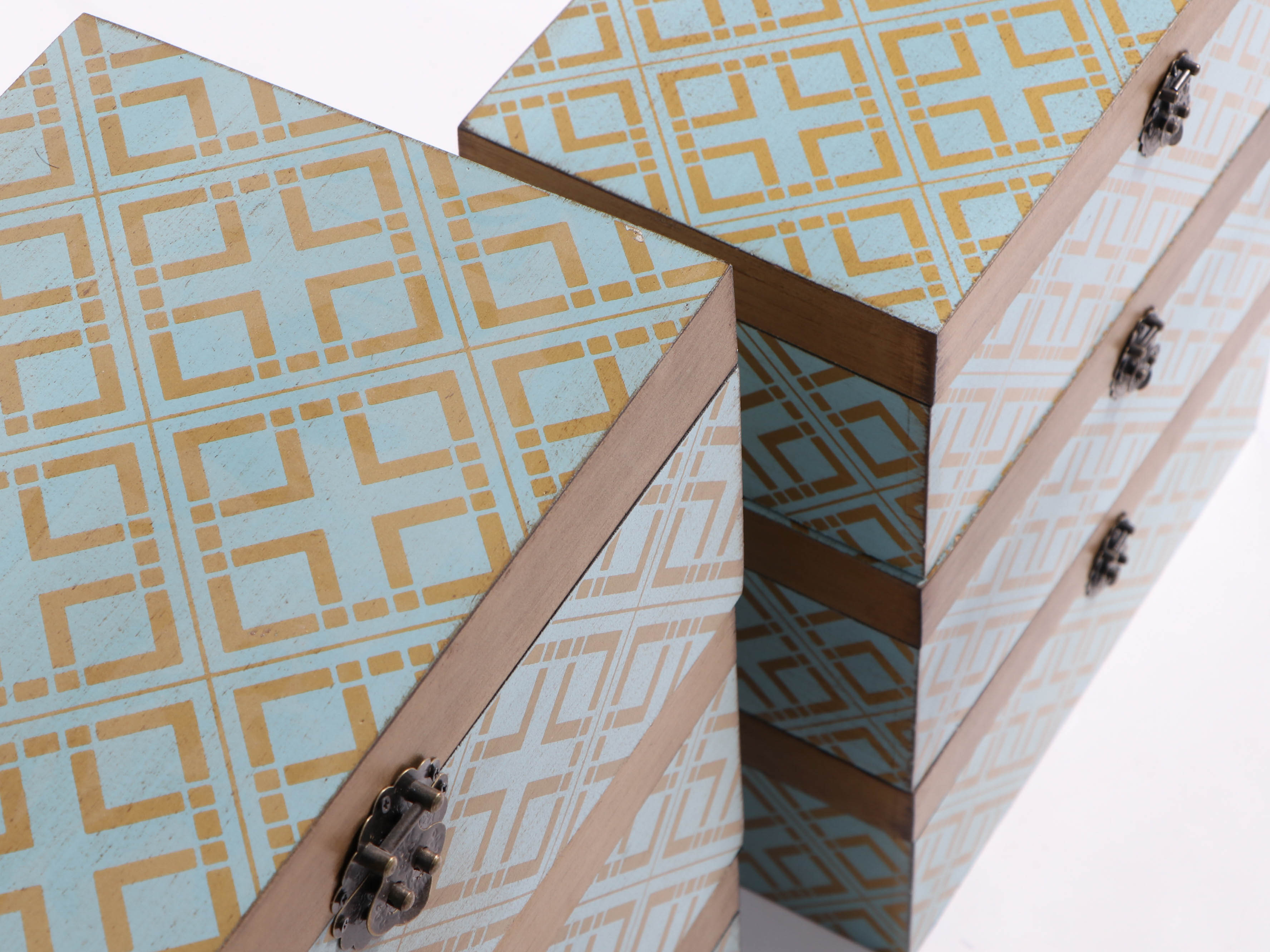 Modern Geometric Gold-Tone and Teal Storage Boxes