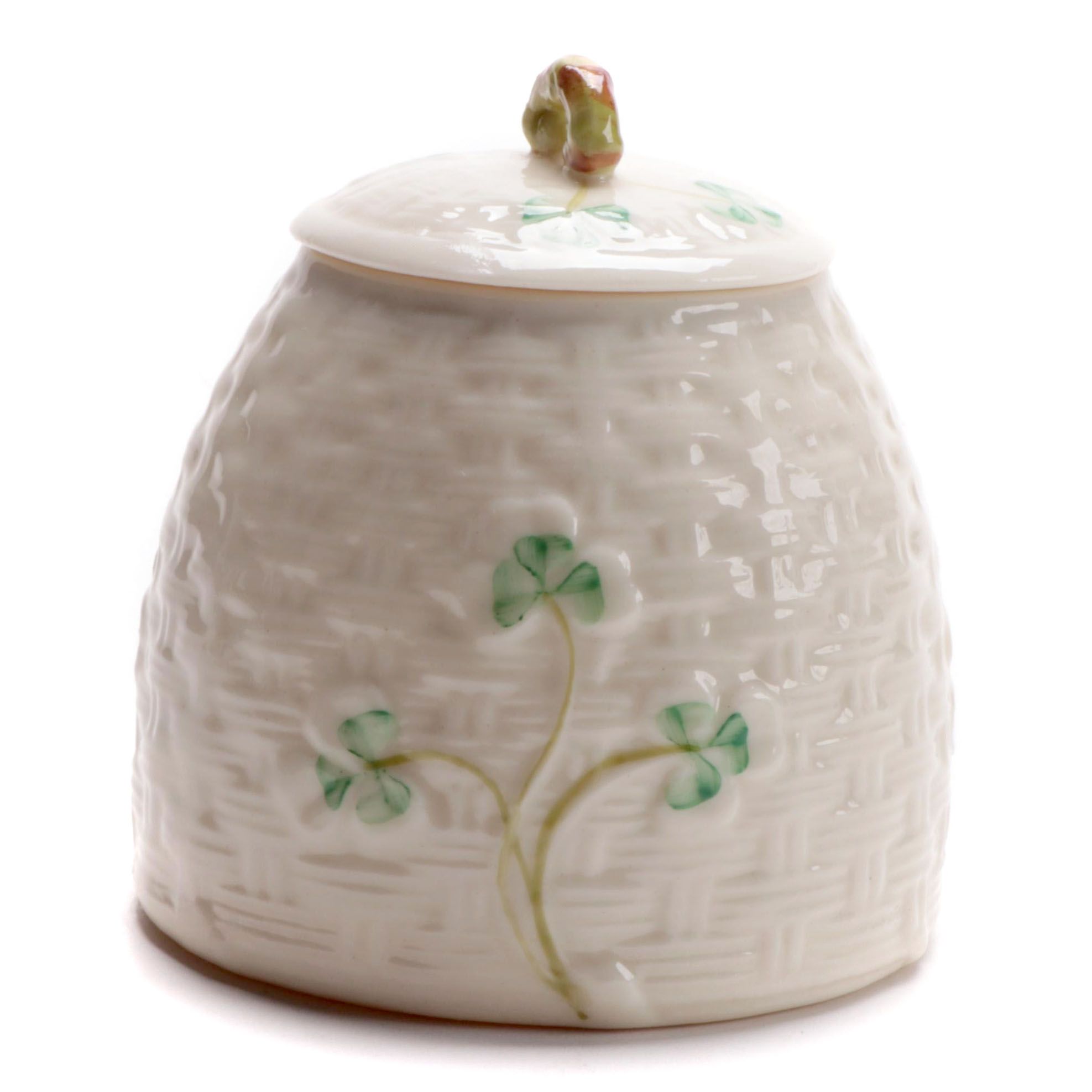Belleek Porcelain "Clover" Basket Weave Marmalade Jar with Lid