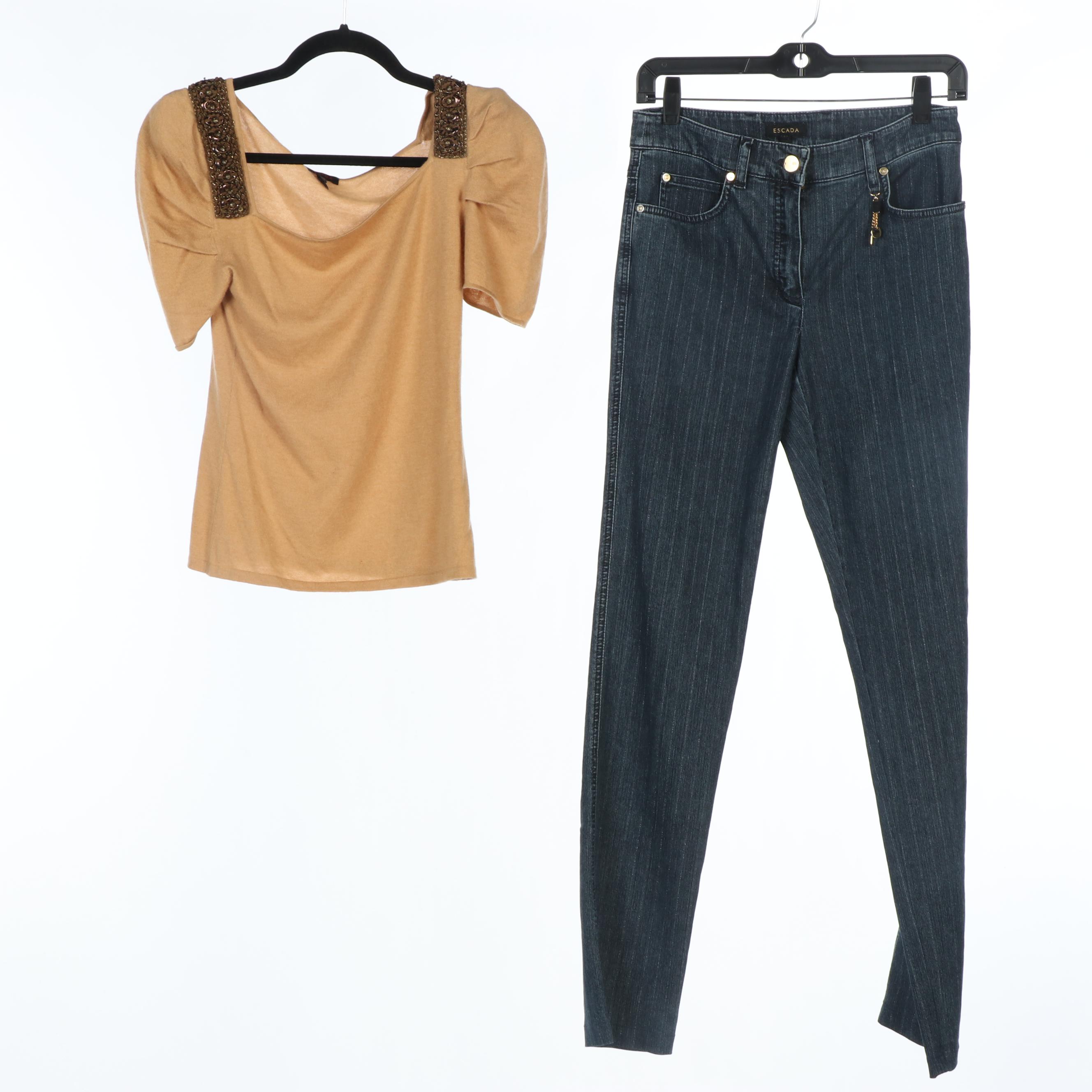 Escada and Roberto Cavalli Embellished Cashmere Sweater and Jeans