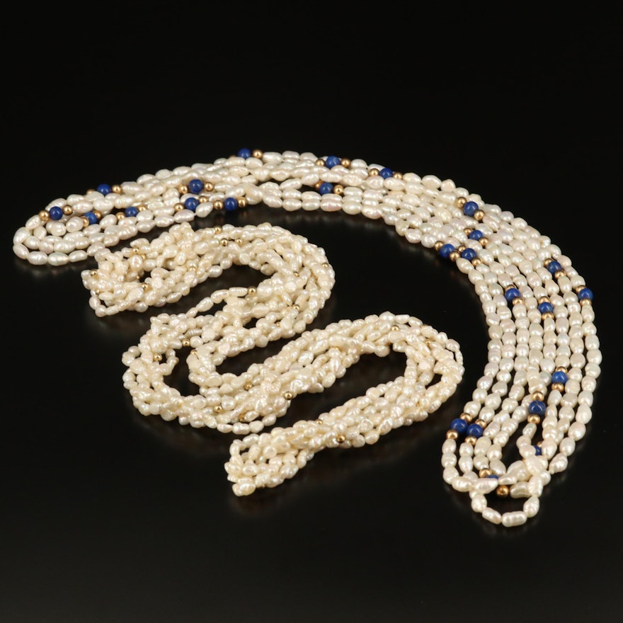 Pearl and Lapis Lazuli Multi-Strand Necklaces with 14K Beads